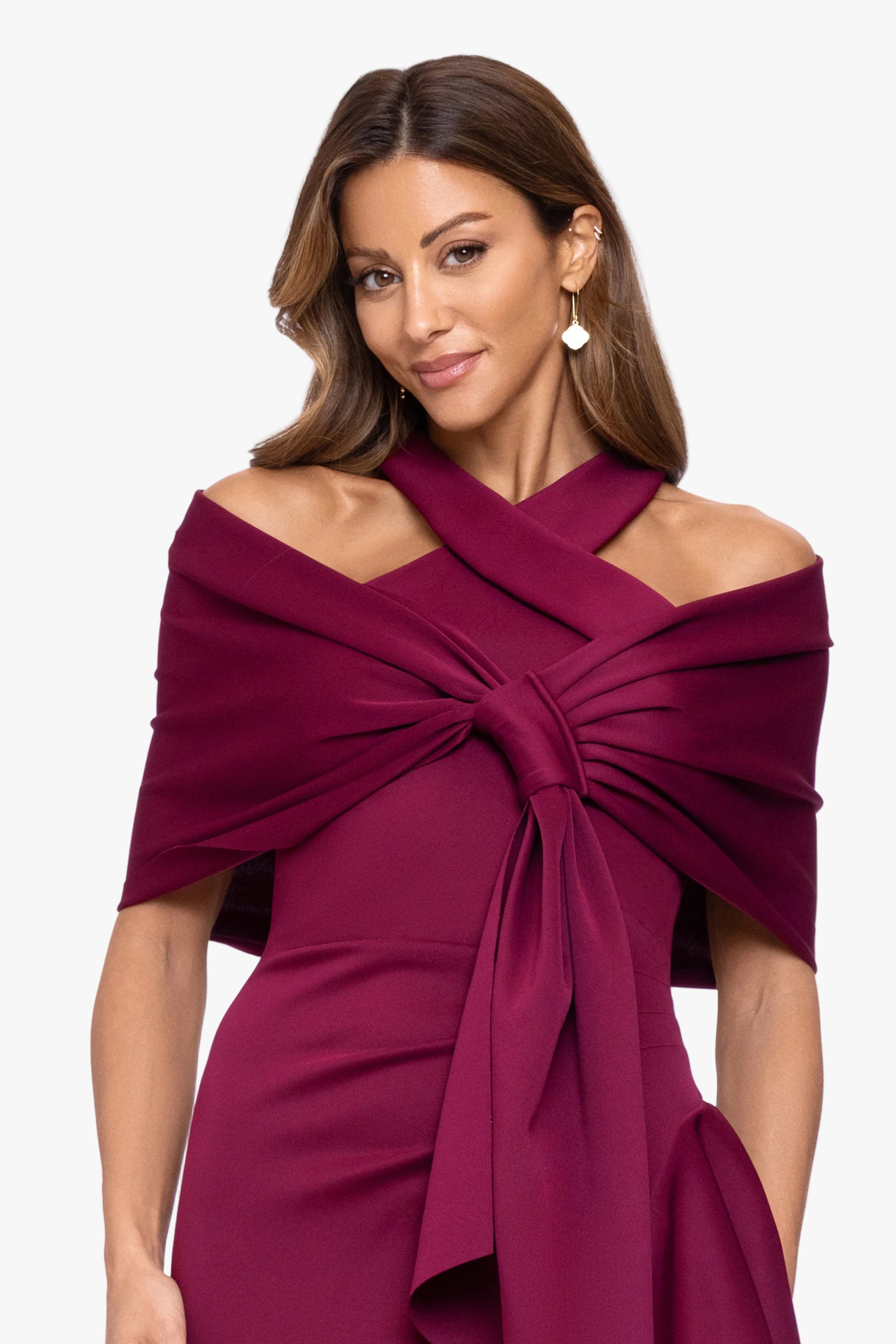 Wine “Carol” Techno Scuba Pull Through Shawl Wrap, worn front view