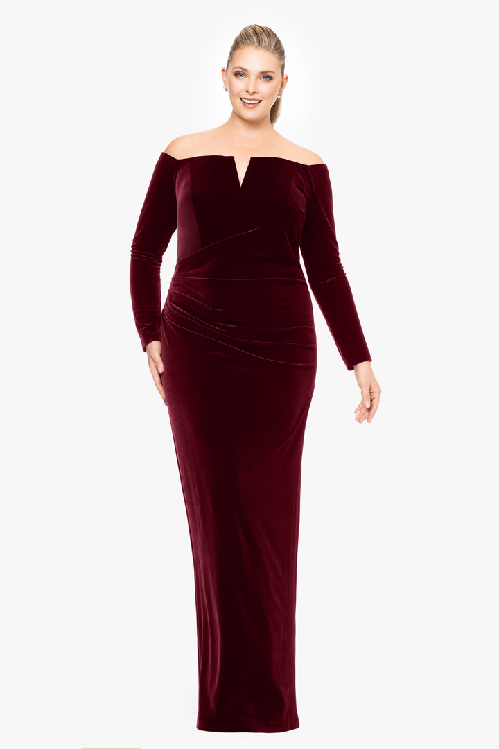 Plus "Christy" Long Off the Shoulder Velvet Dress