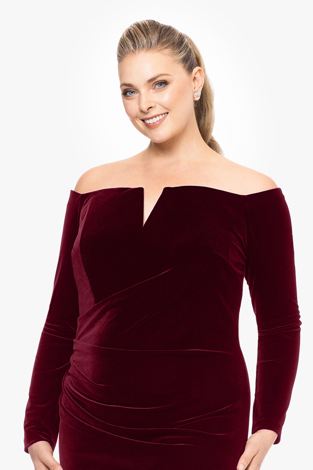 Plus "Christy" Long Off the Shoulder Velvet Dress