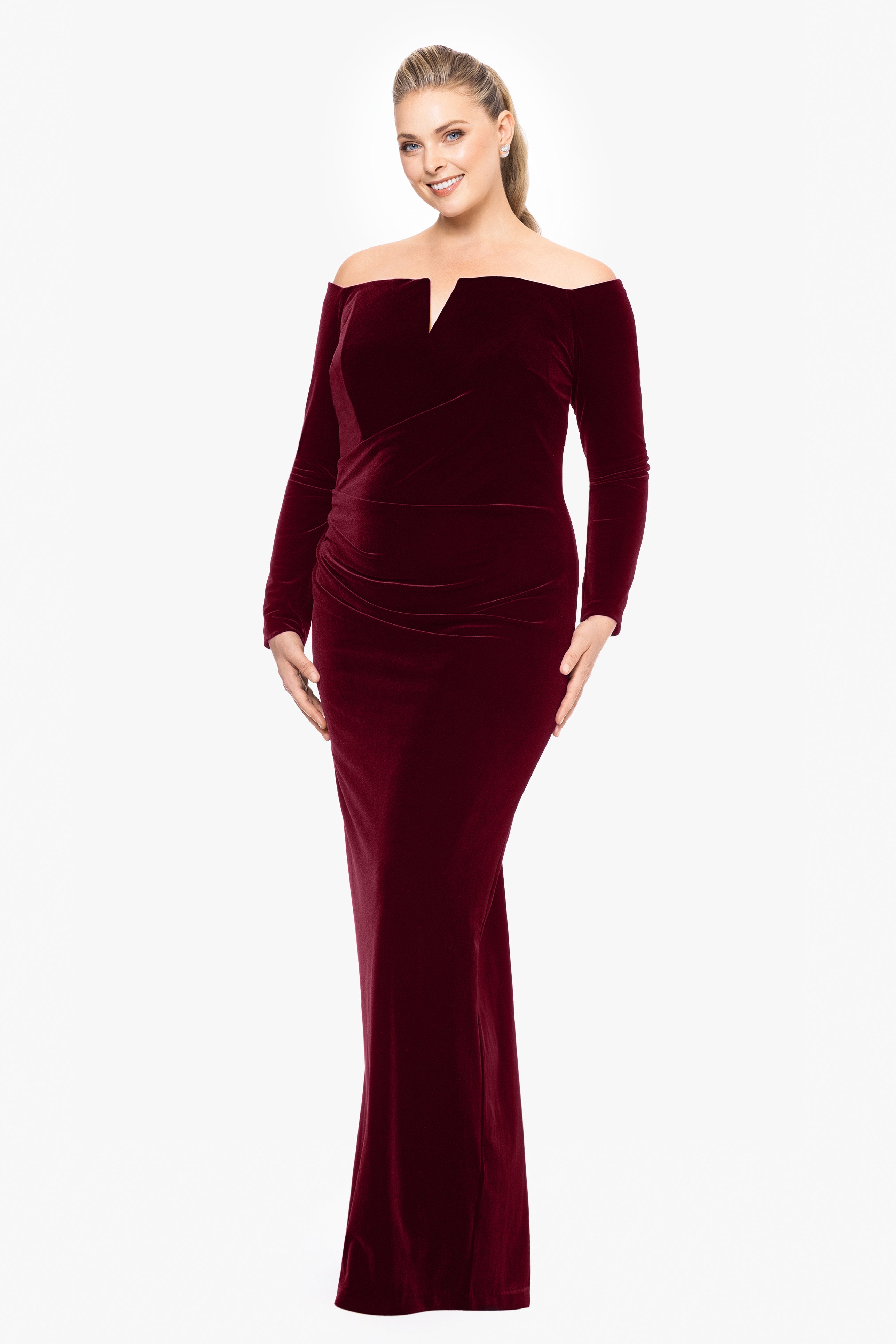 Plus "Christy" Long Off the Shoulder Velvet Dress