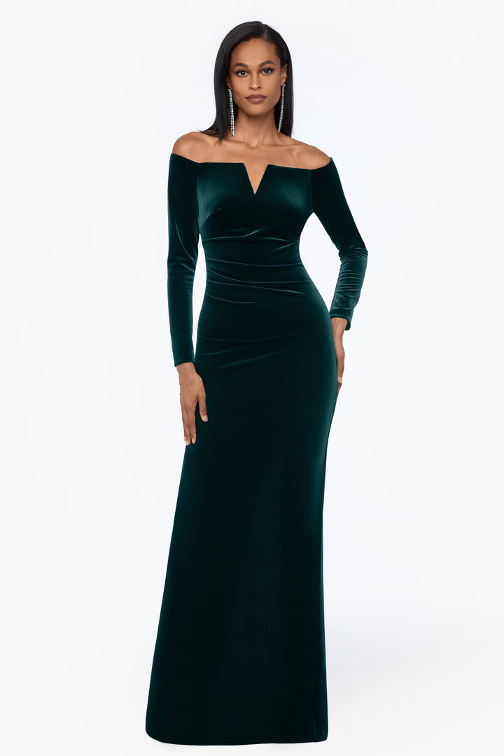 Petite "Christy" Long Off the Shoulder Velvet Dress