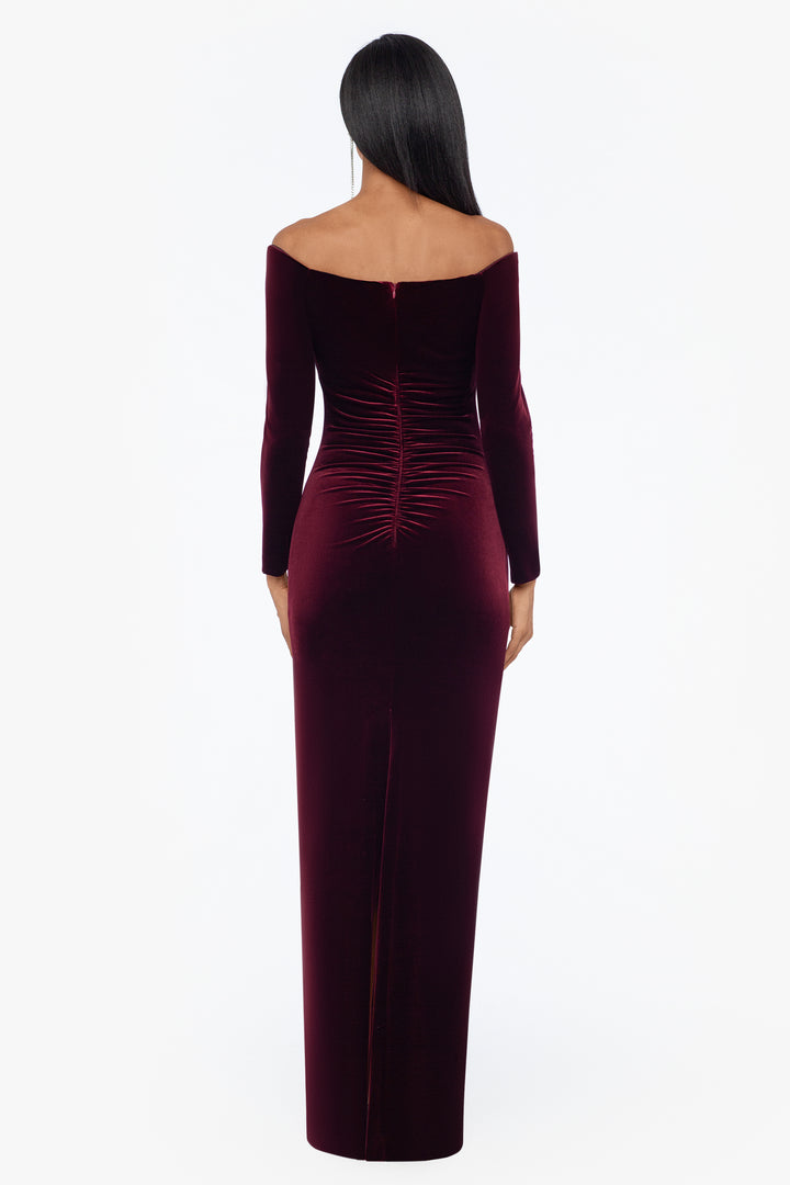 Petite "Christy" Long Off the Shoulder Velvet Dress