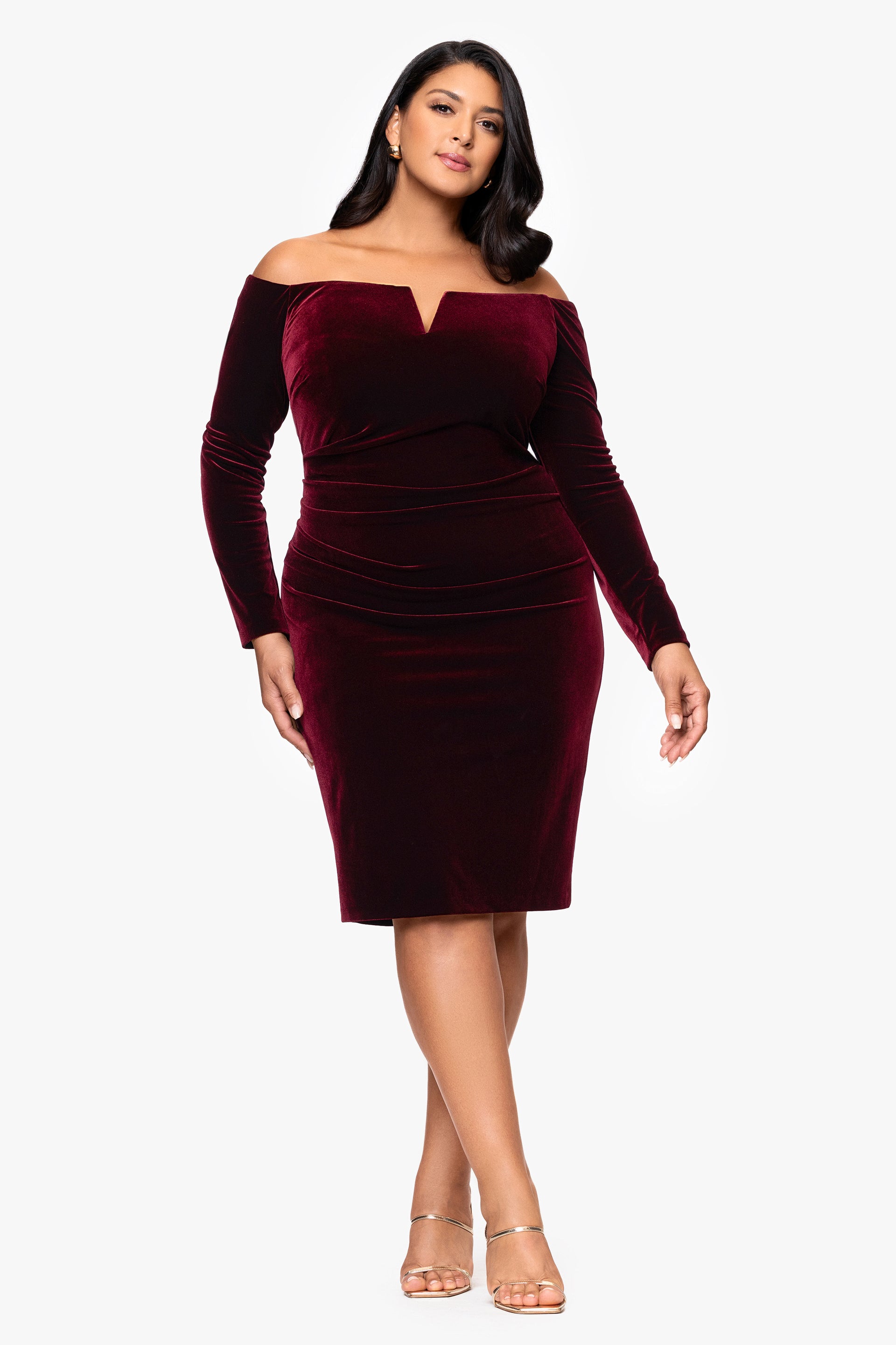 Plus "Jody" Velvet Off Shoulder V Neck Dress