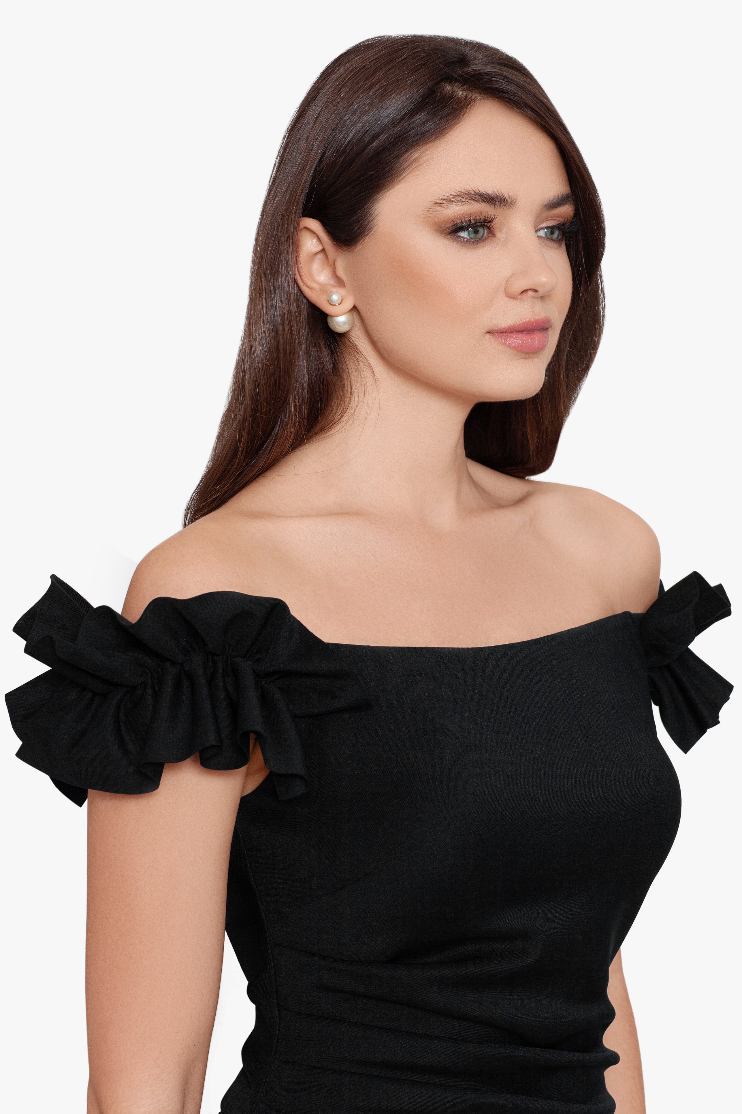 Petite "Maggie" Long Scuba Crepe Ruched Off the Shoulder Dress