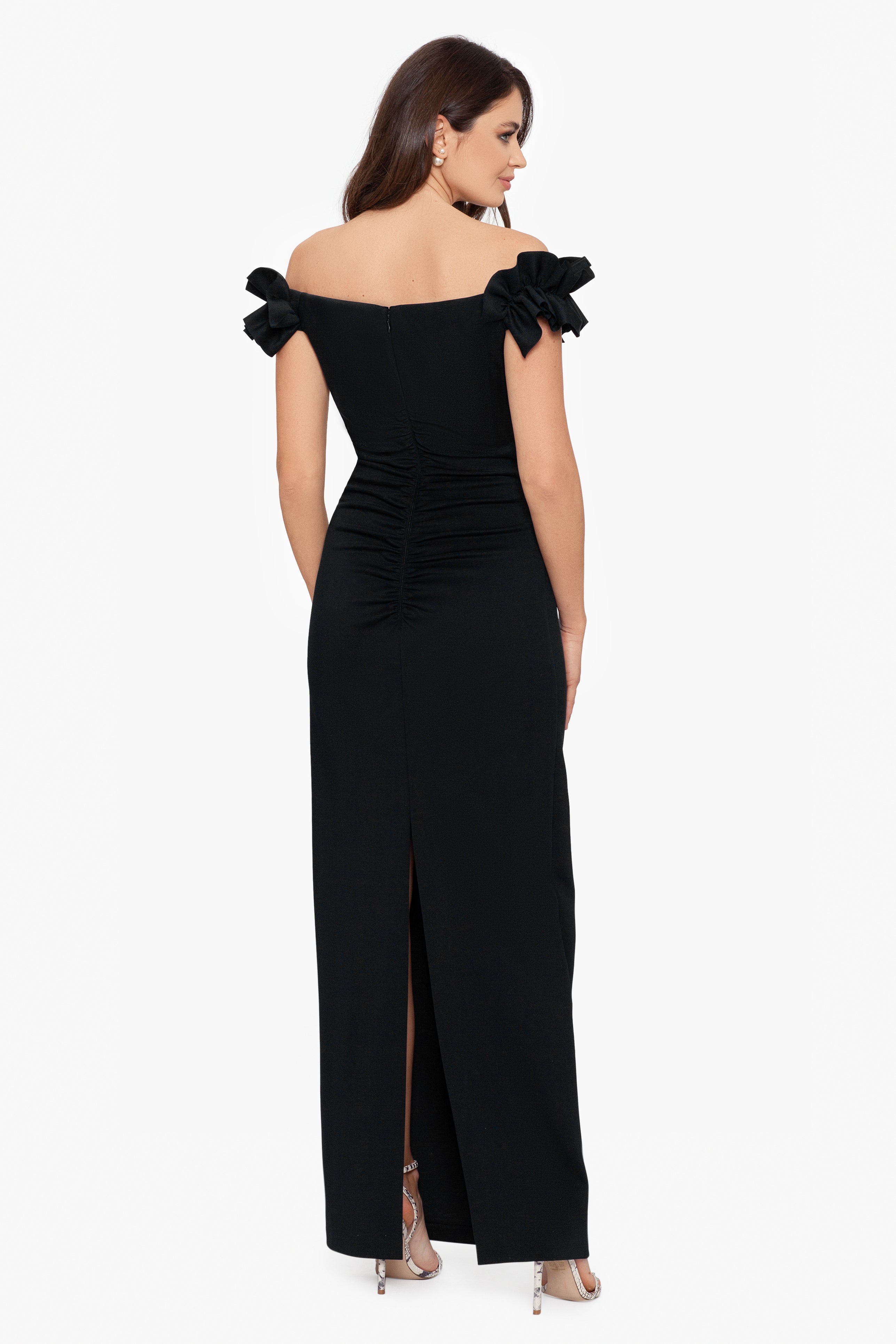 Petite "Maggie" Long Scuba Crepe Ruched Off the Shoulder Dress