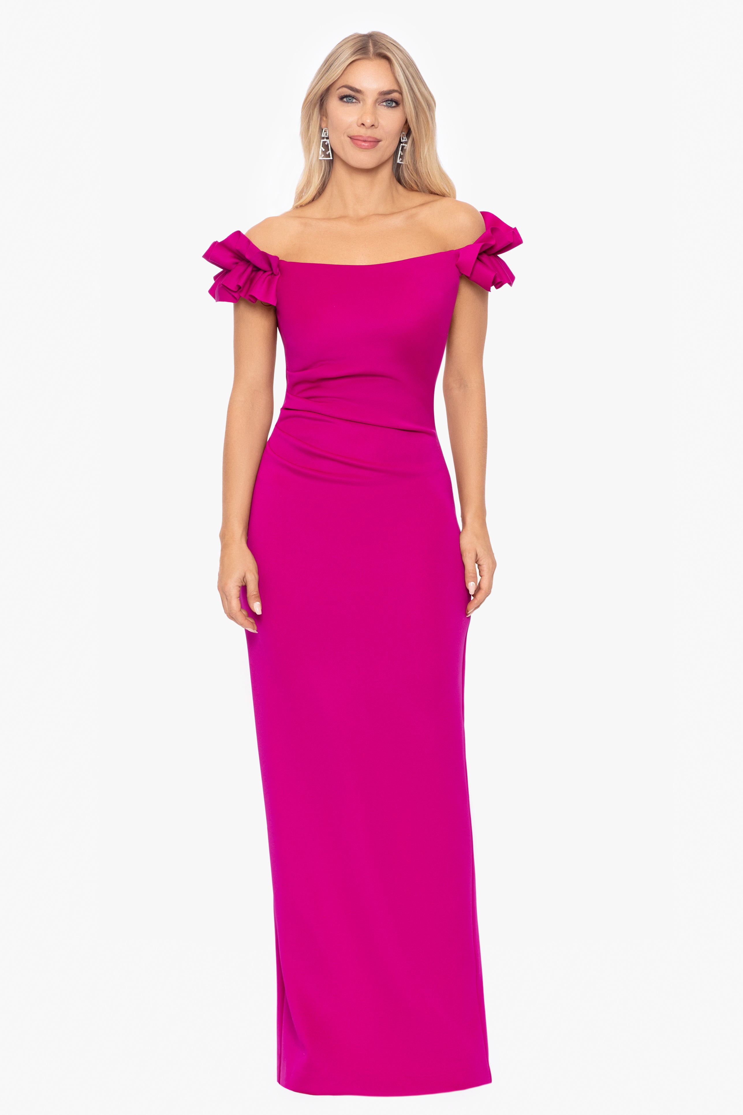 Petite "Maggie" Long Scuba Crepe Ruched Off the Shoulder Dress