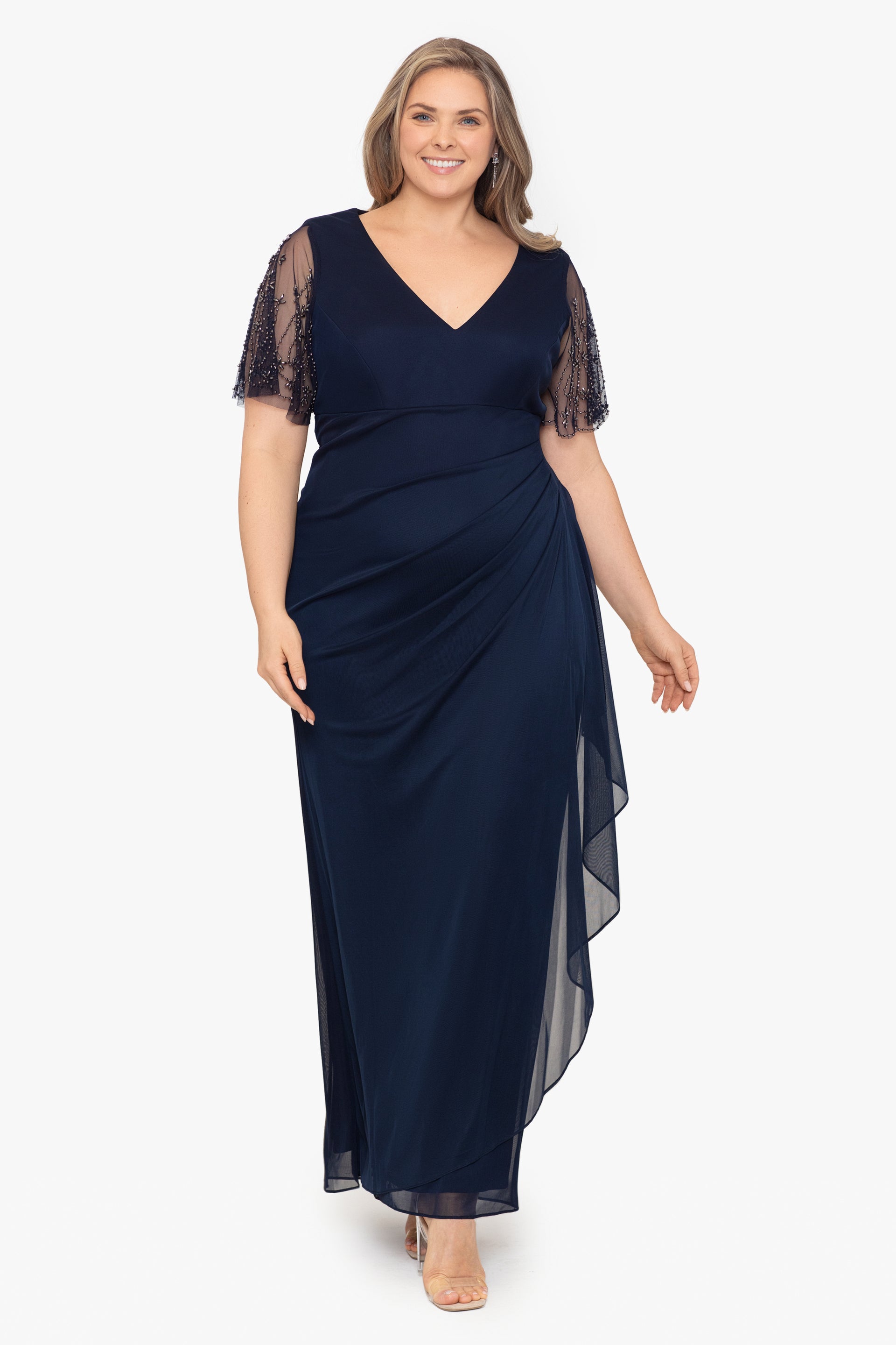 Plus "Janice" Jersey Embellished Sleeve Floor Length Dress