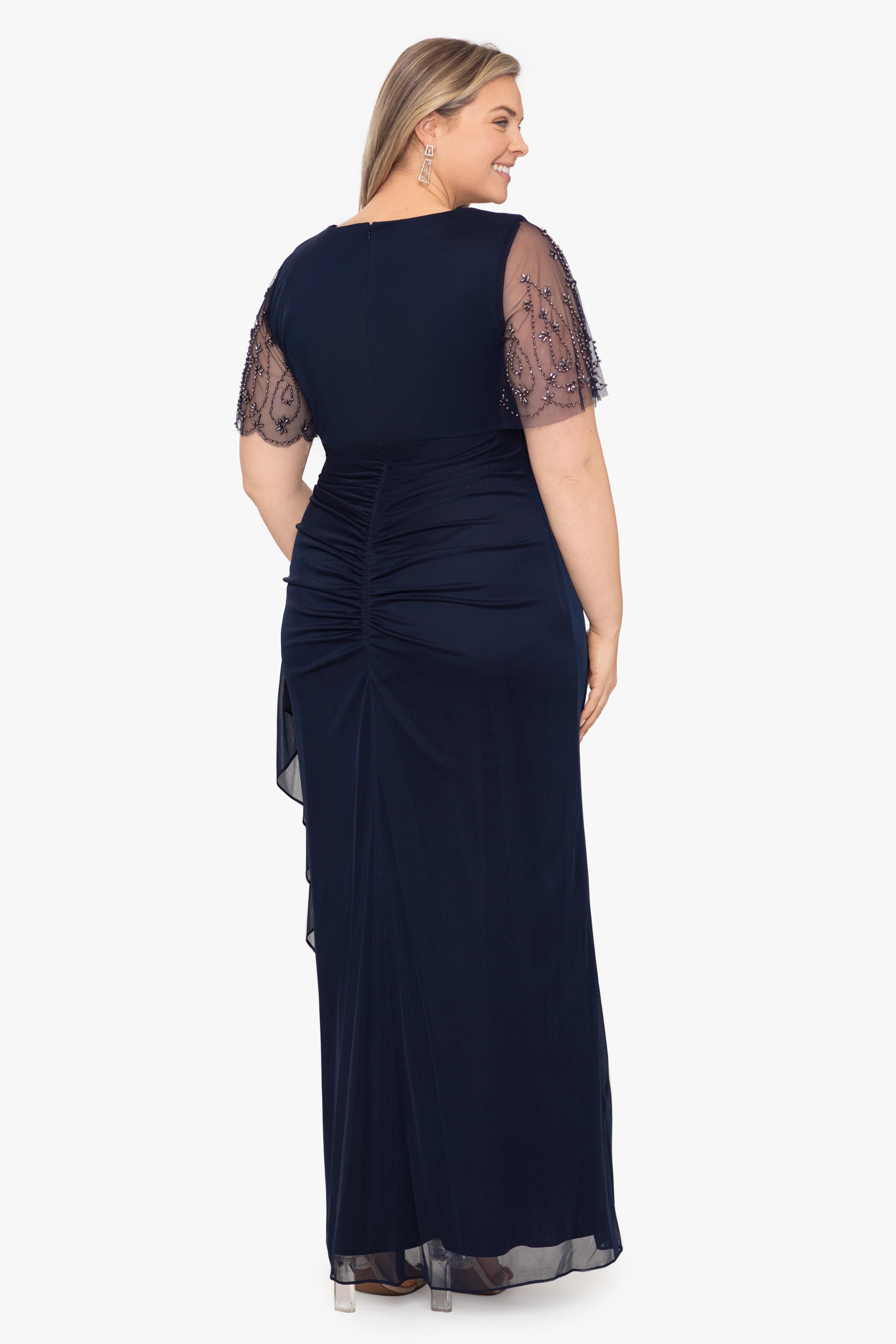 Plus "Janice" Jersey Embellished Sleeve Floor Length Dress