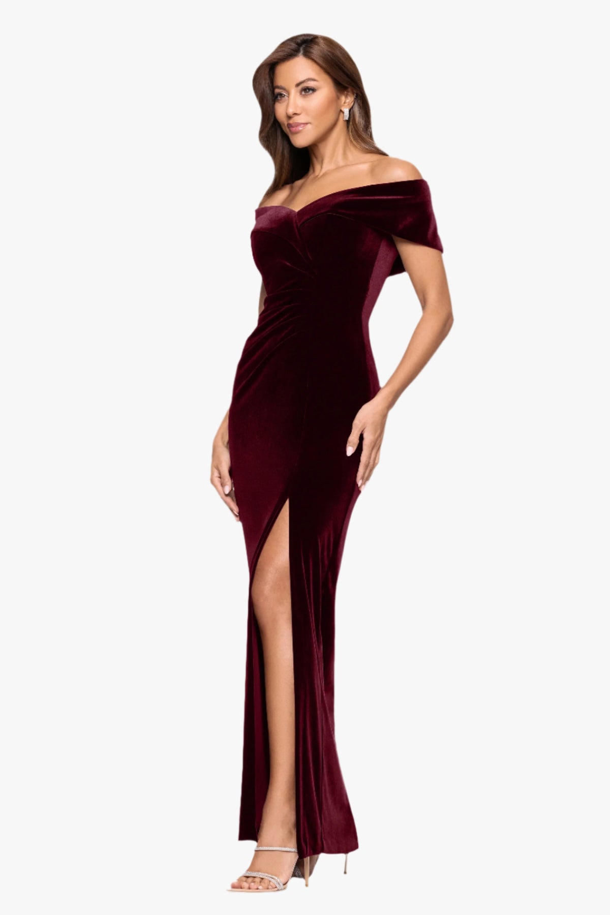 Petite "Charmaine" Long Off the Shoulder Velvet Gown