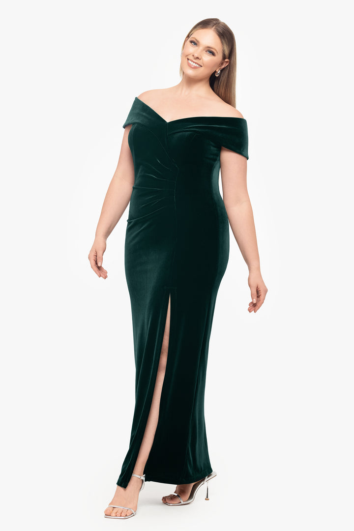 Plus "Charmaine" Long Off the Shoulder Velvet Gown