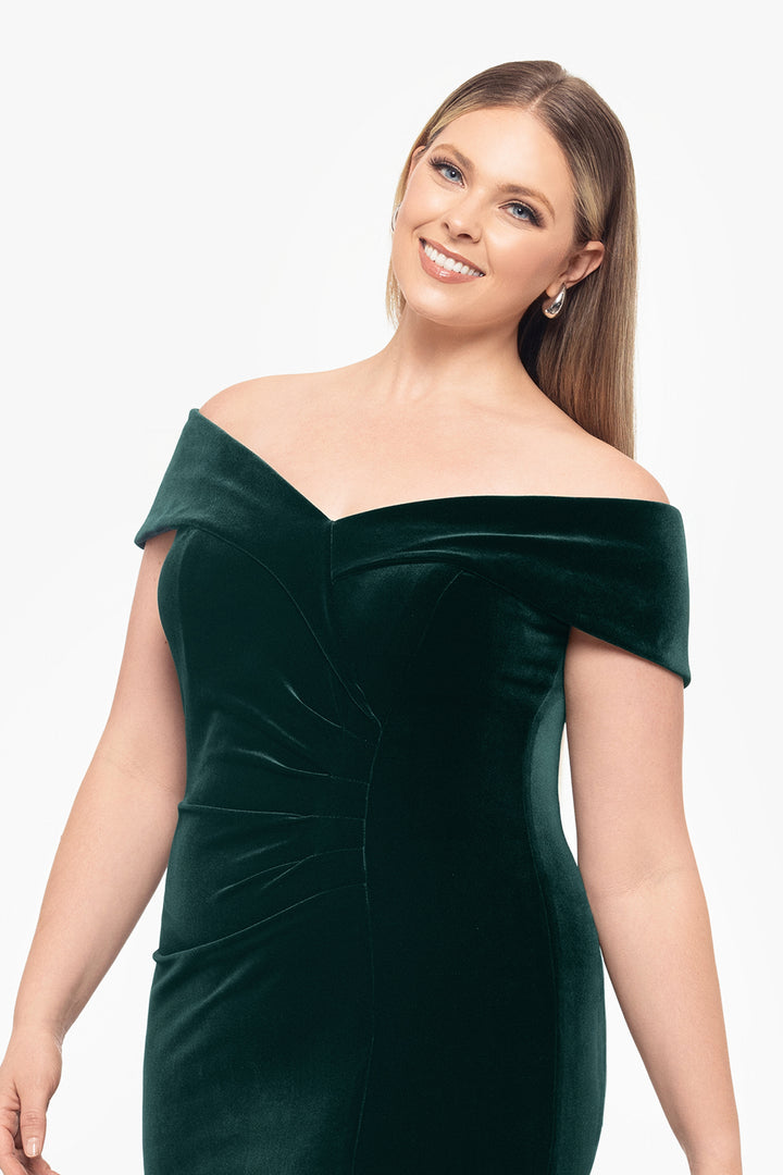 Plus "Charmaine" Long Off the Shoulder Velvet Gown