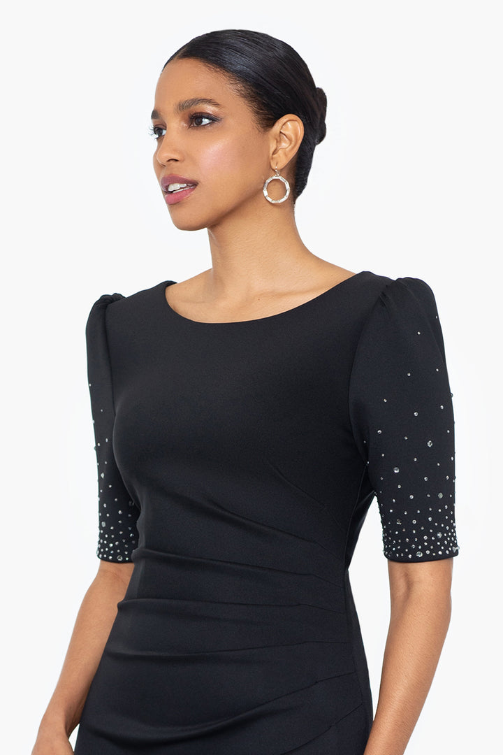 "Tonya" Scuba Crepe 3/4 Sleeve Rhinestone Embellished Floor Length Dress