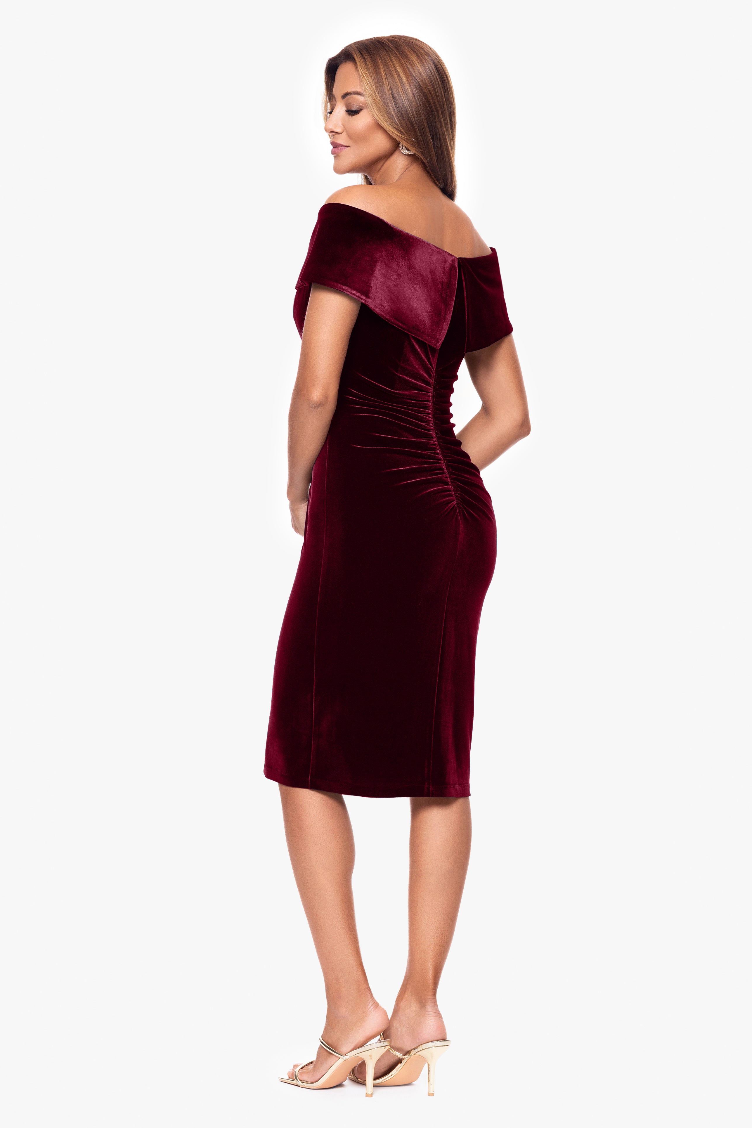 "Felicity" Knee Length Off the Shoulder Ruched Velvet Dress