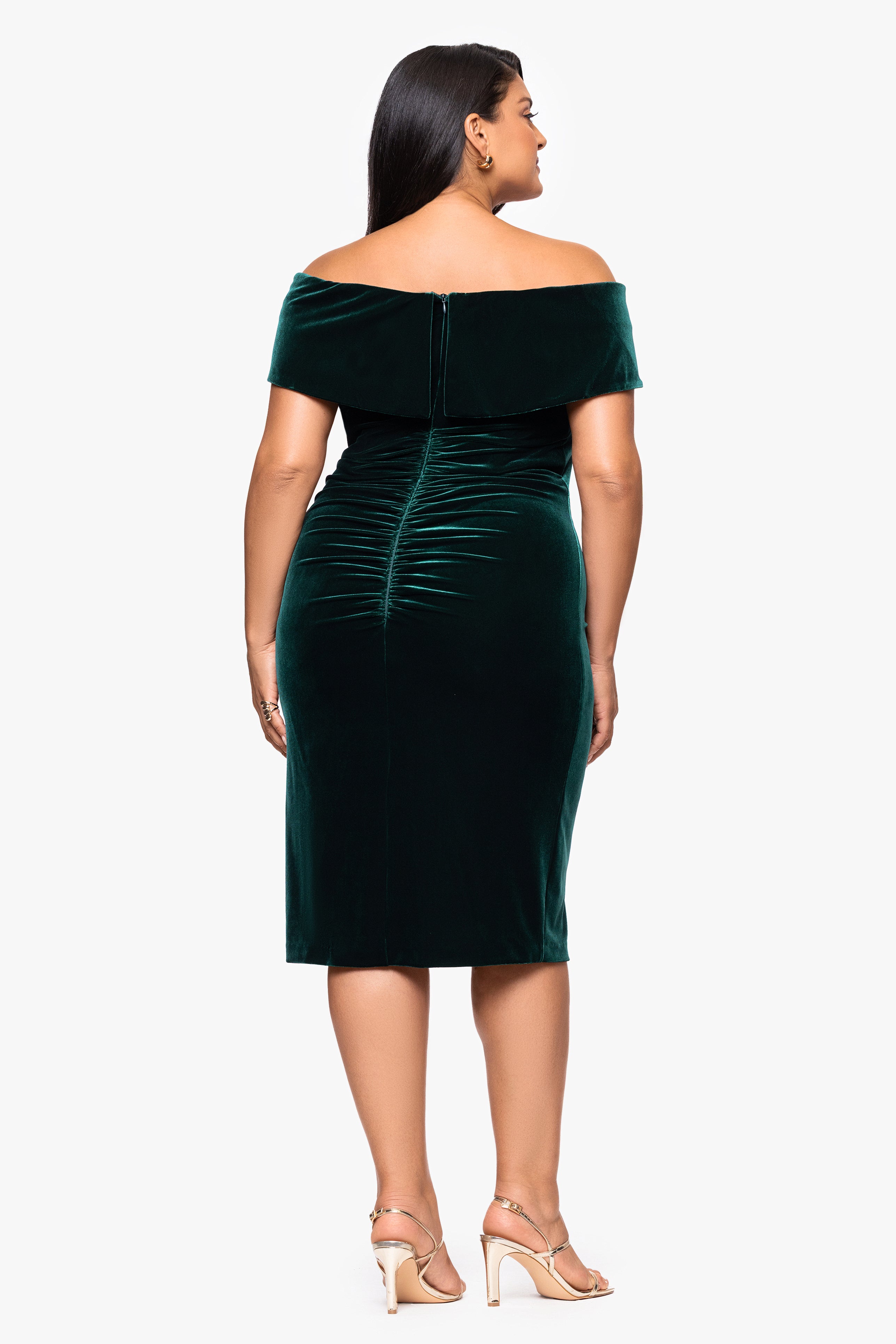 Plus "Felicity" Knee Length Off the Shoulder Ruched Velvet Dress