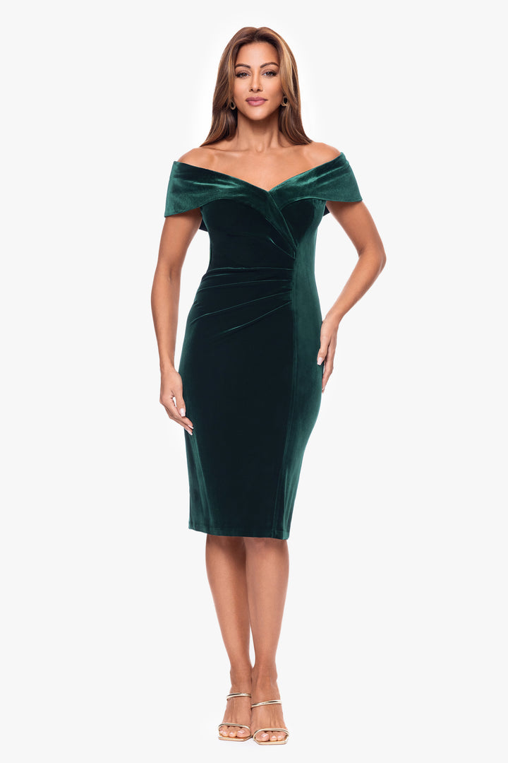 "Felicity" Knee Length Off the Shoulder Ruched Velvet Dress