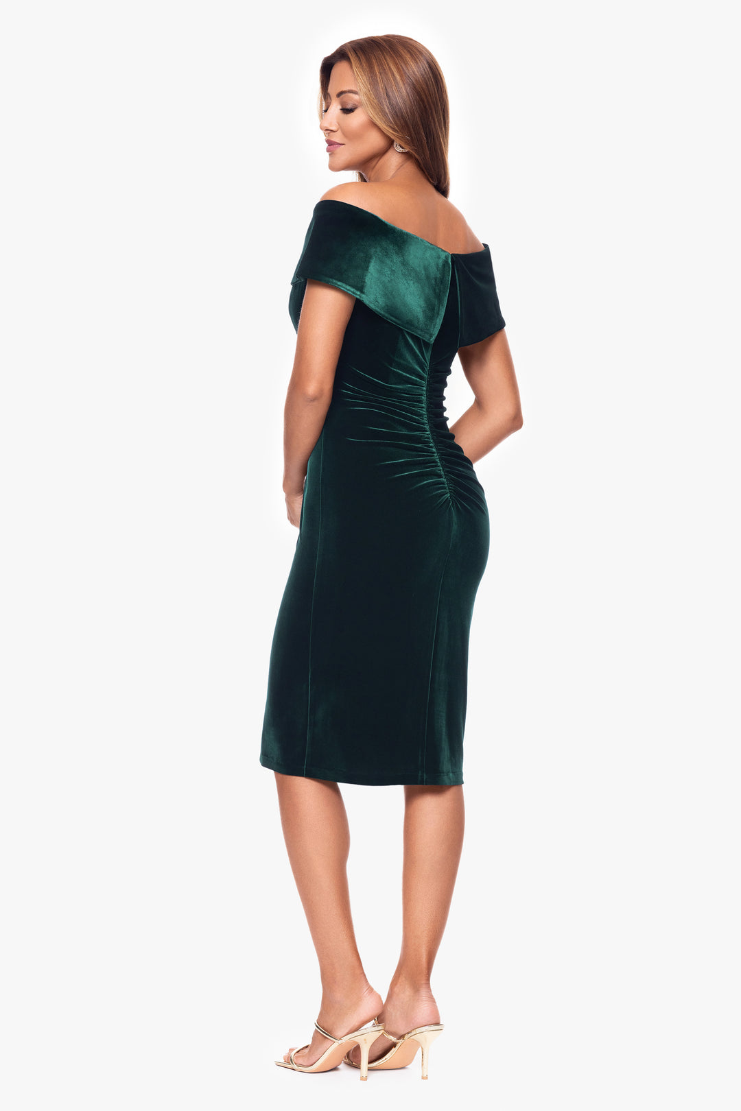 "Felicity" Knee Length Off the Shoulder Ruched Velvet Dress