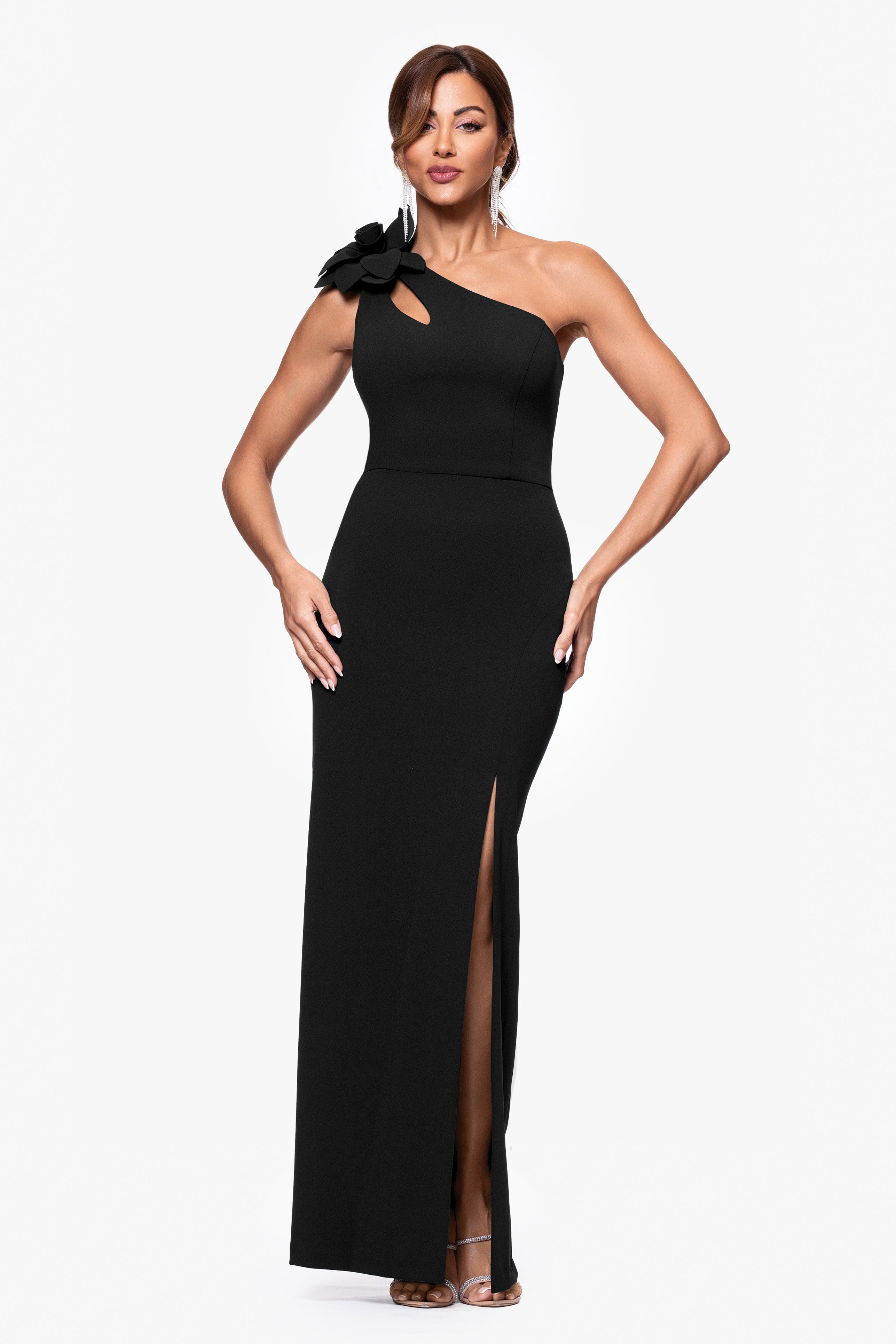 Petite "Kristina" Scuba Crepe Flower One Shoulder Floor Length Dress