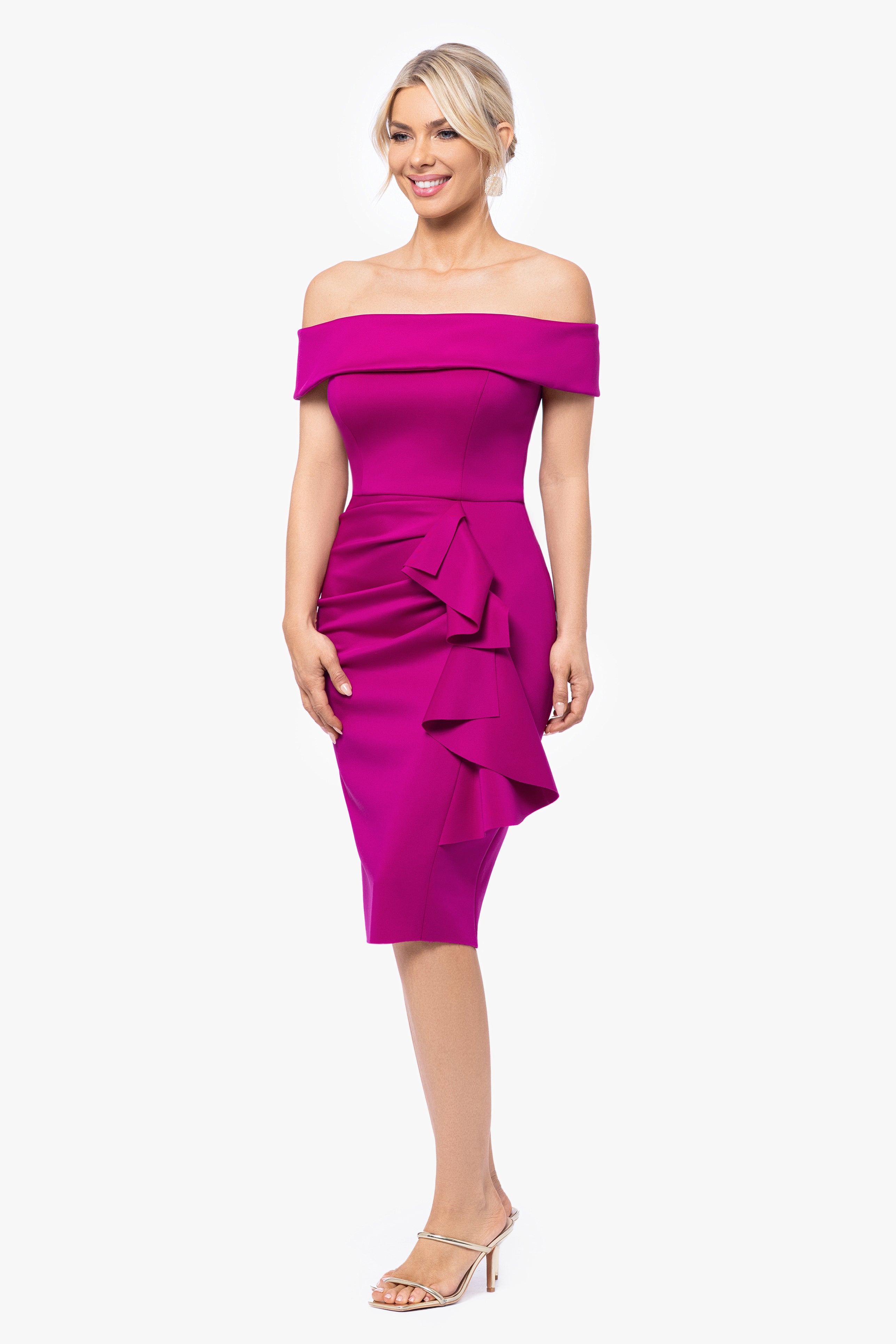 "Vanessa" Short Off The Shoulder Scuba Crepe Side Ruched Dress