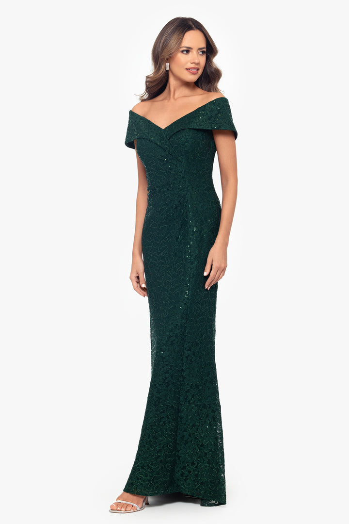 "Stefani" Long Sequin Lace Off the Shoulder Dress