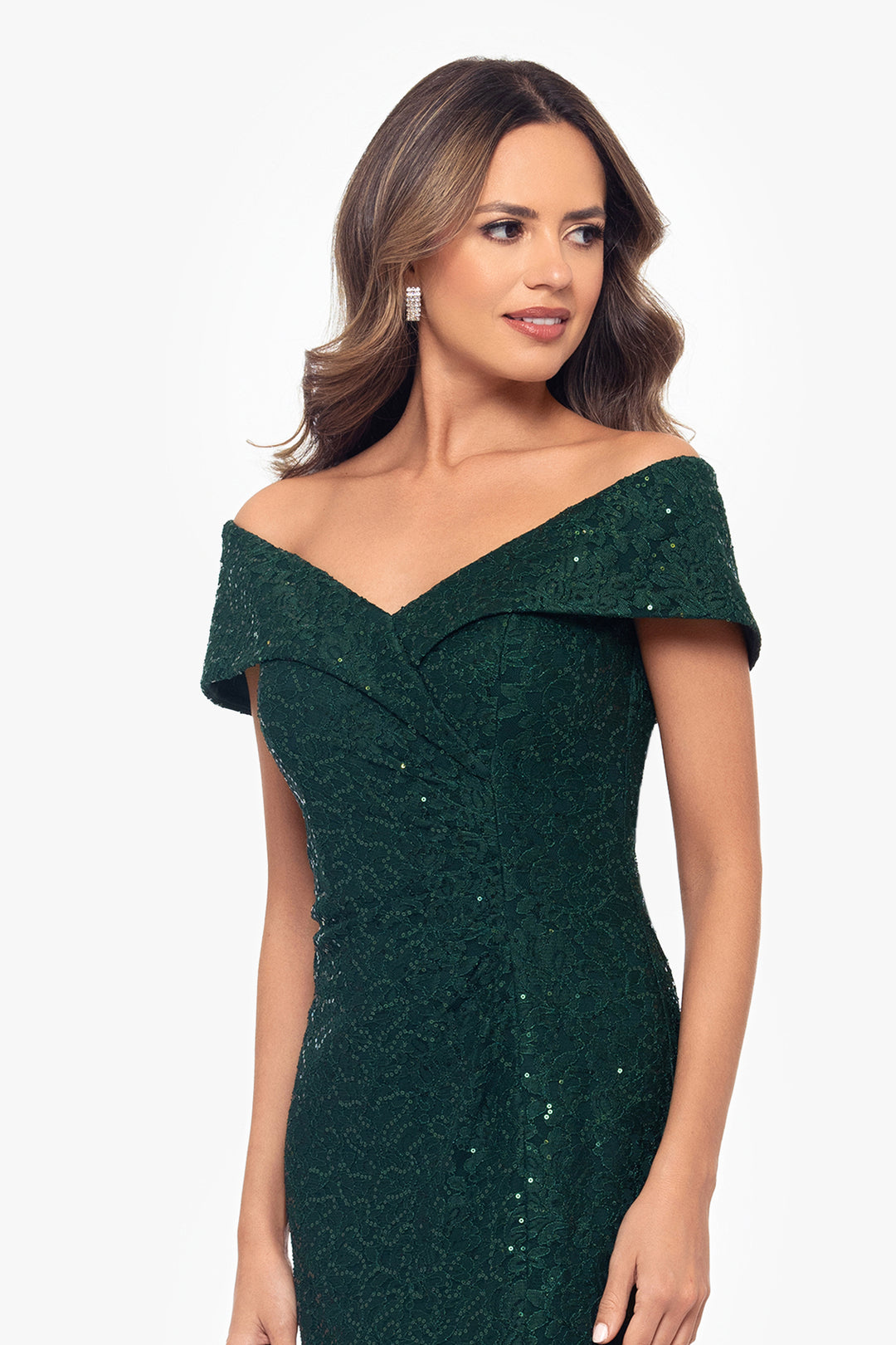 "Stefani" Long Sequin Lace Off the Shoulder Dress