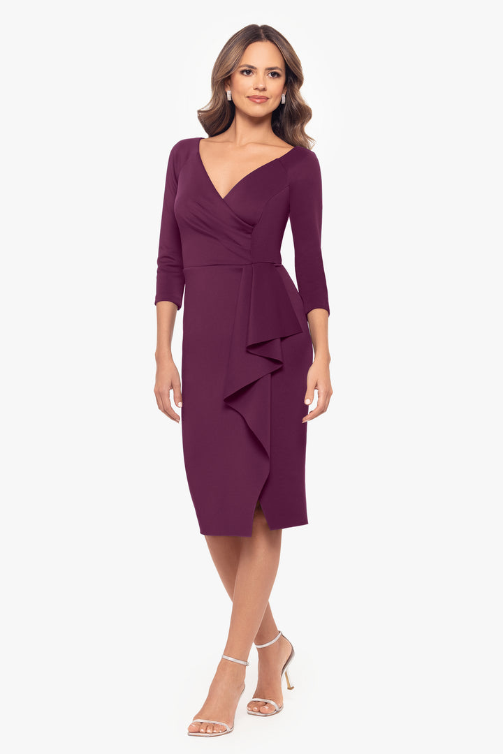 "Angeline" Knee Length Scuba V-Neck Ruffle Dress