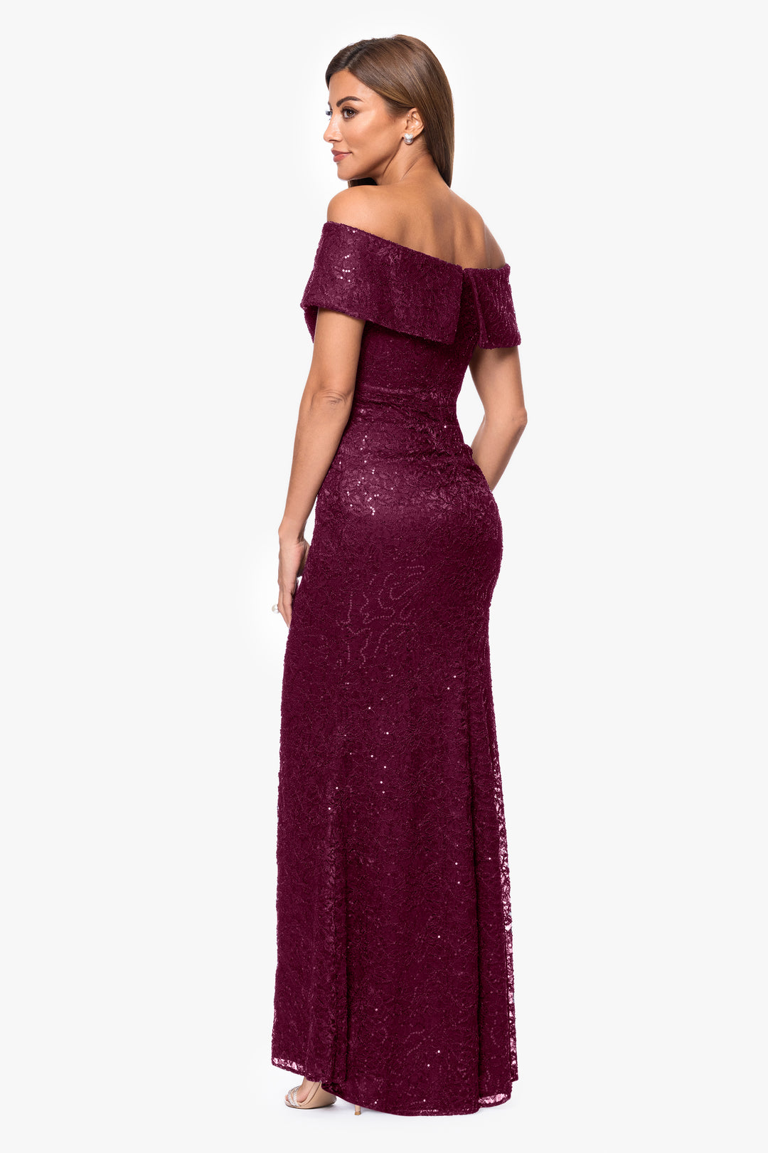 "Angelique" Long Off the Shoulder Sequin Lace Dress