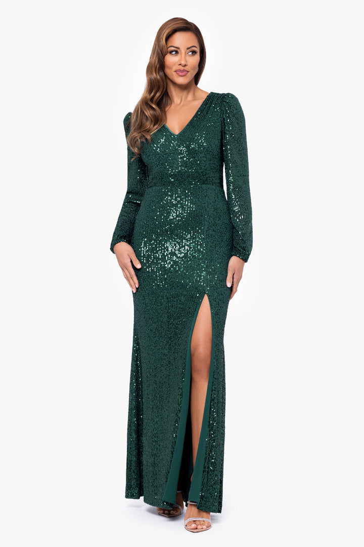 Petite "Farley" Long Sleeve V-Neck Floor Length Dress