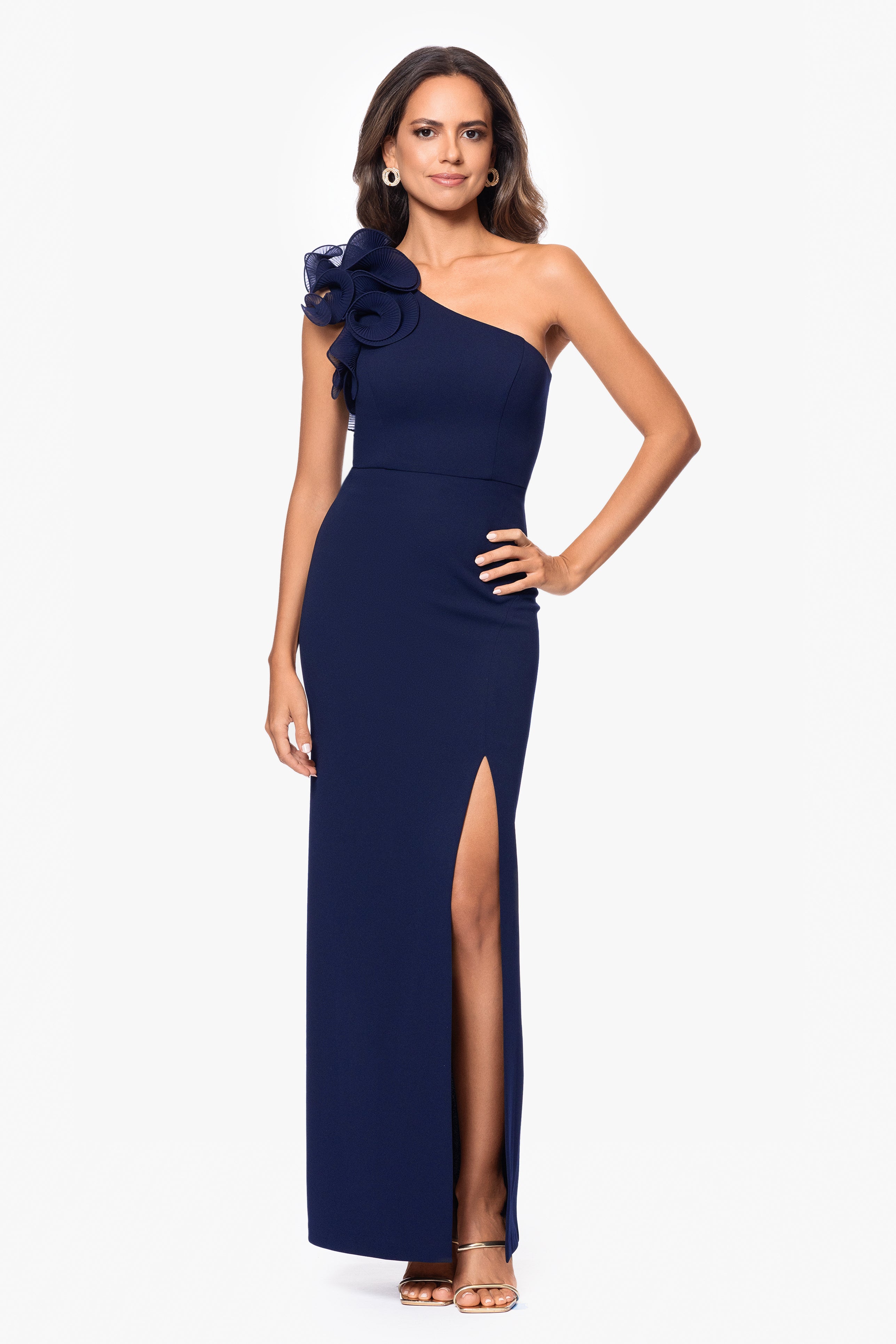 XC280 Marianna Long Scuba Crepe One Shoulder Ruffle Dress Navy 10