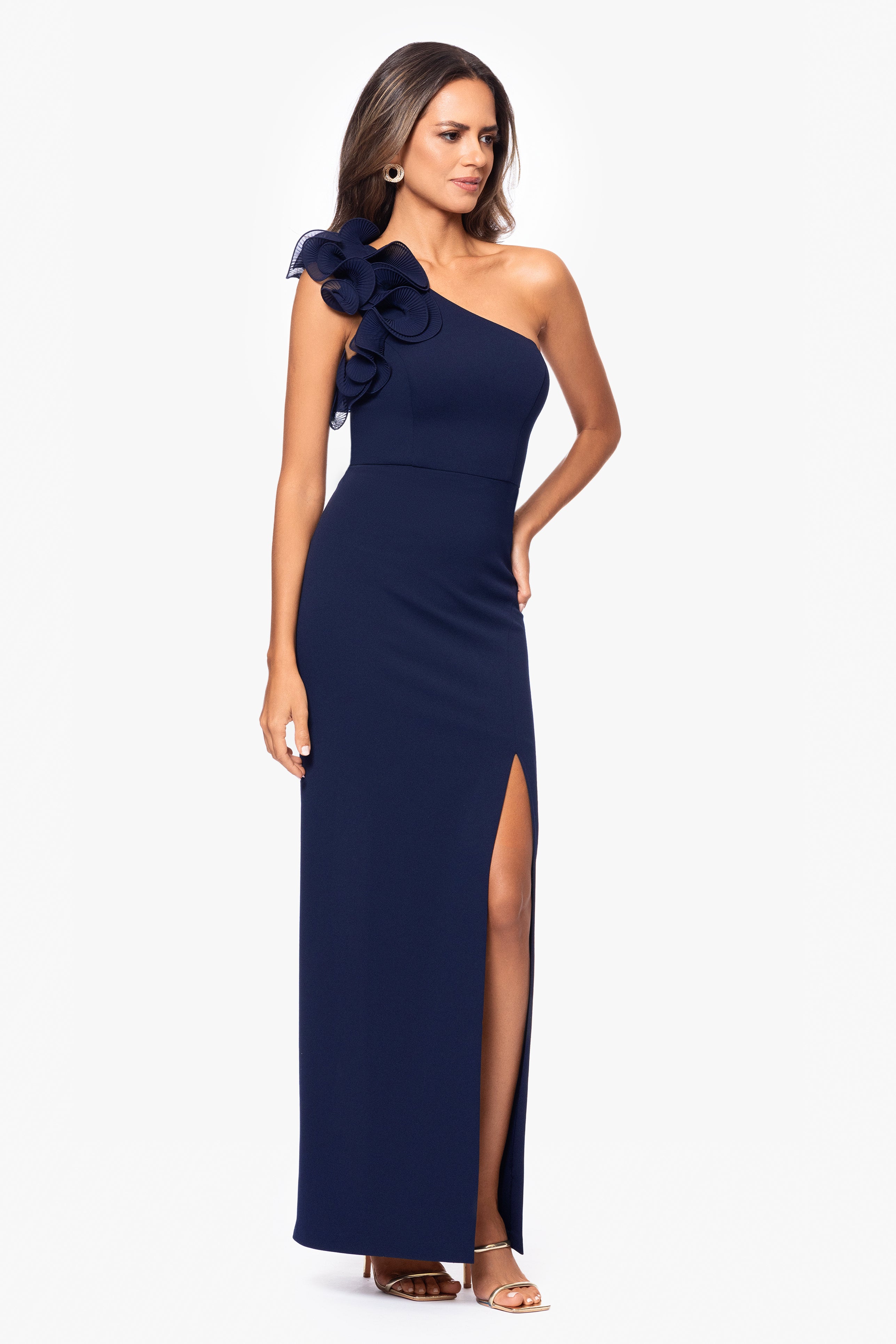 "Marianna" Long Scuba Crepe One Shoulder Ruffle Dress