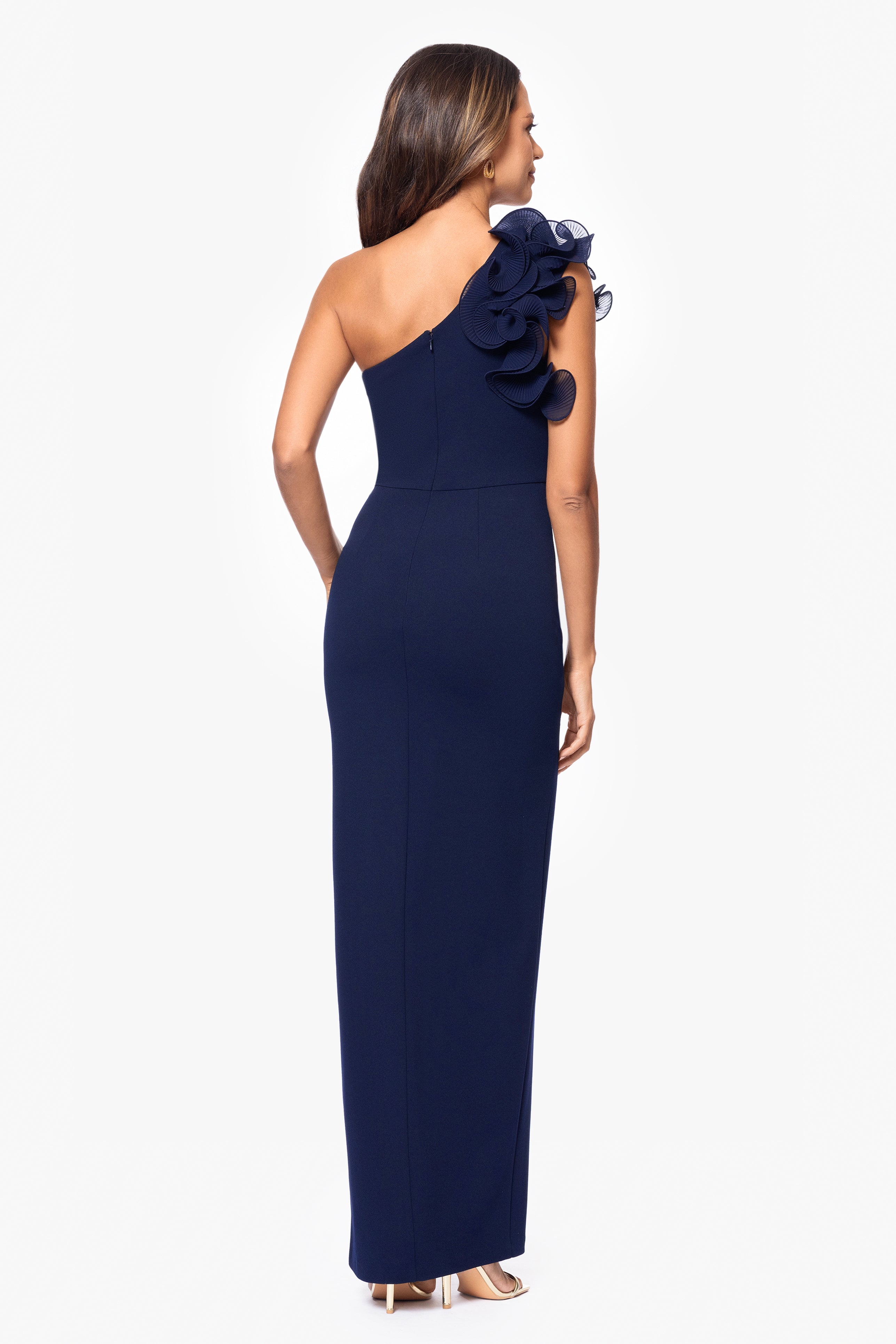 "Marianna" Long Scuba Crepe One Shoulder Ruffle Dress