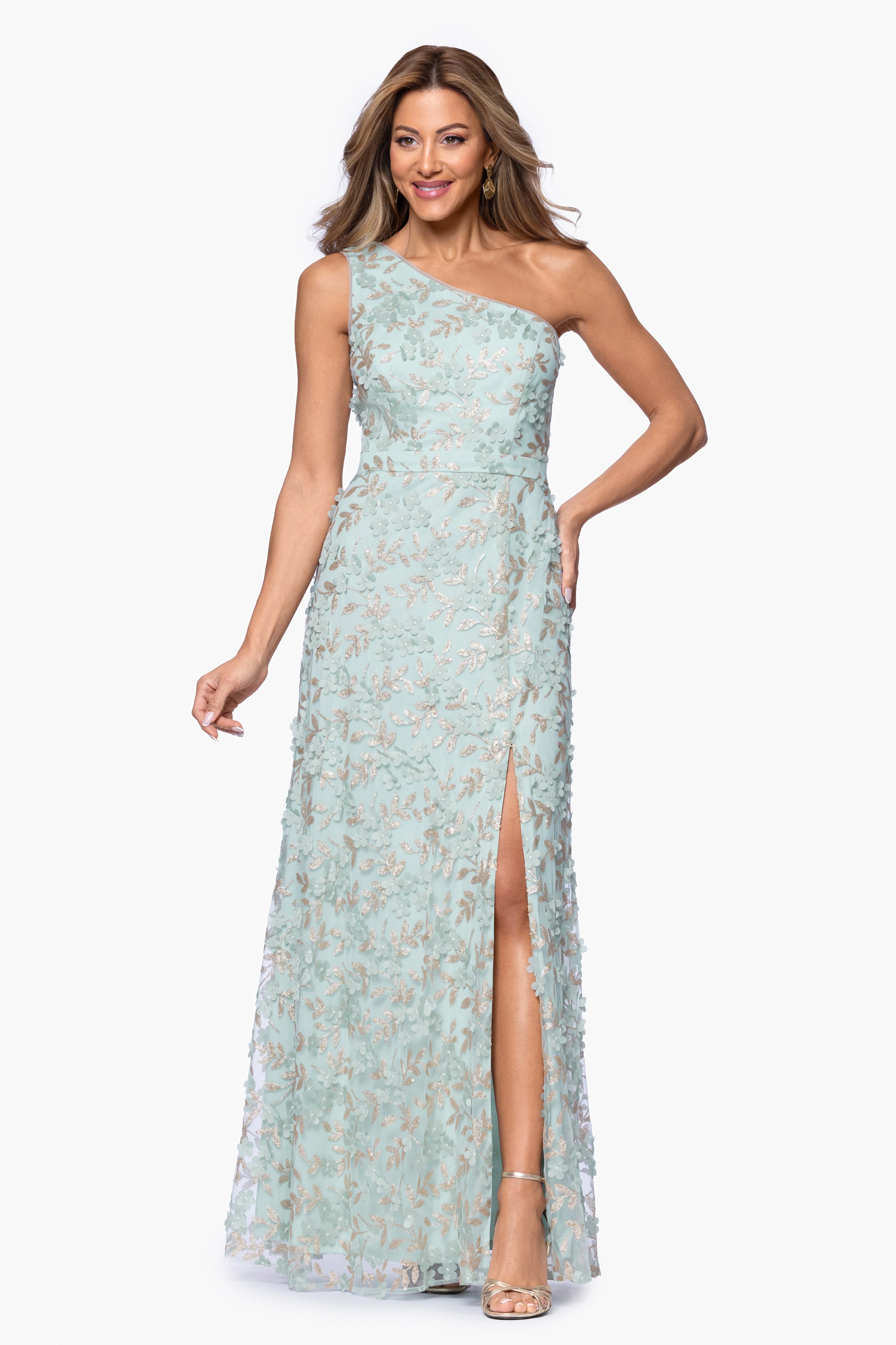 "Irina" 3D Flower One Shoulder Floor Length Dress