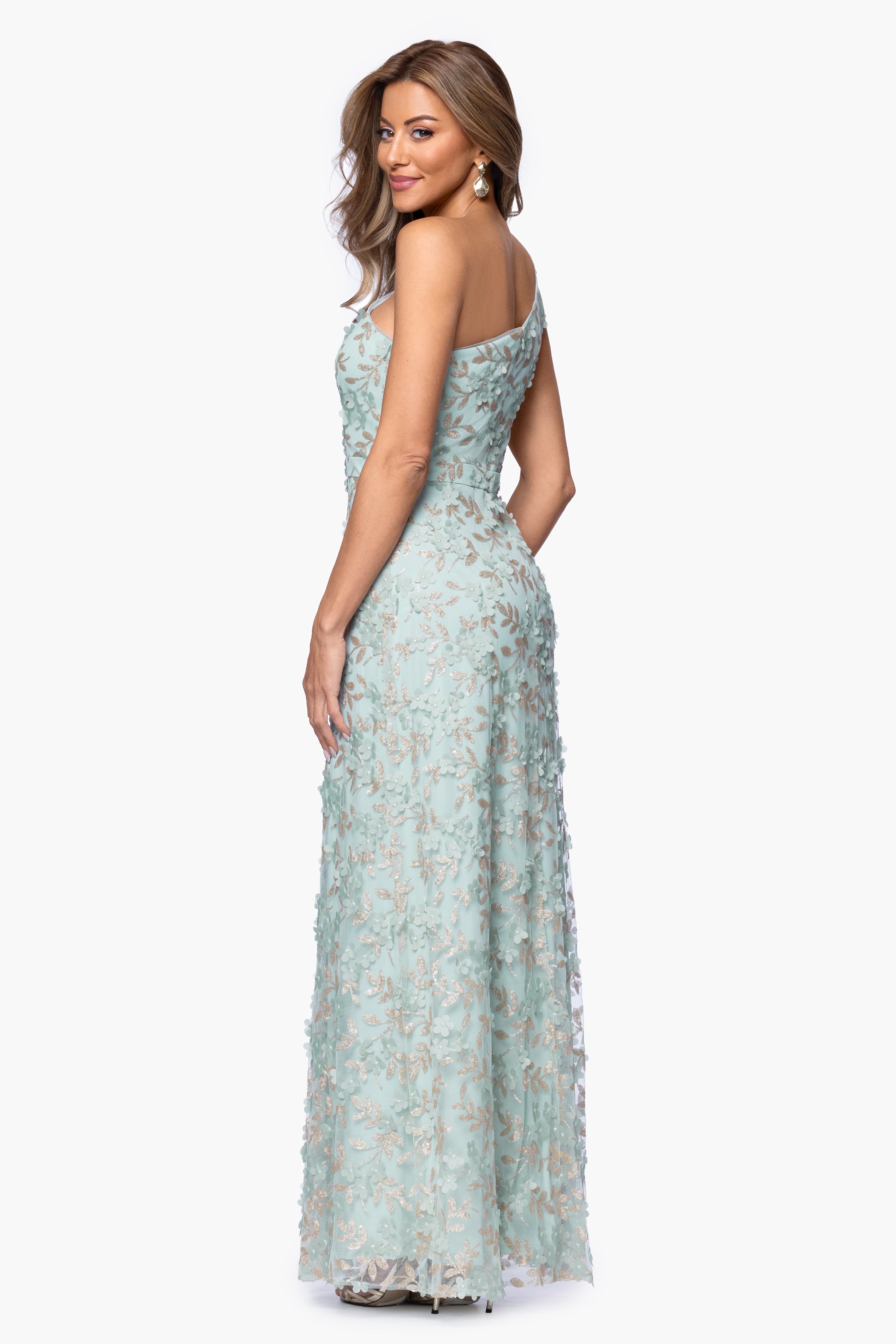 "Irina" 3D Flower One Shoulder Floor Length Dress