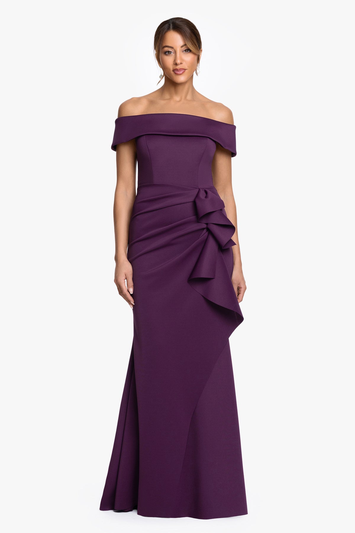 "Rihanna" Scuba Crepe Off Shoulder Side Ruffle Dress