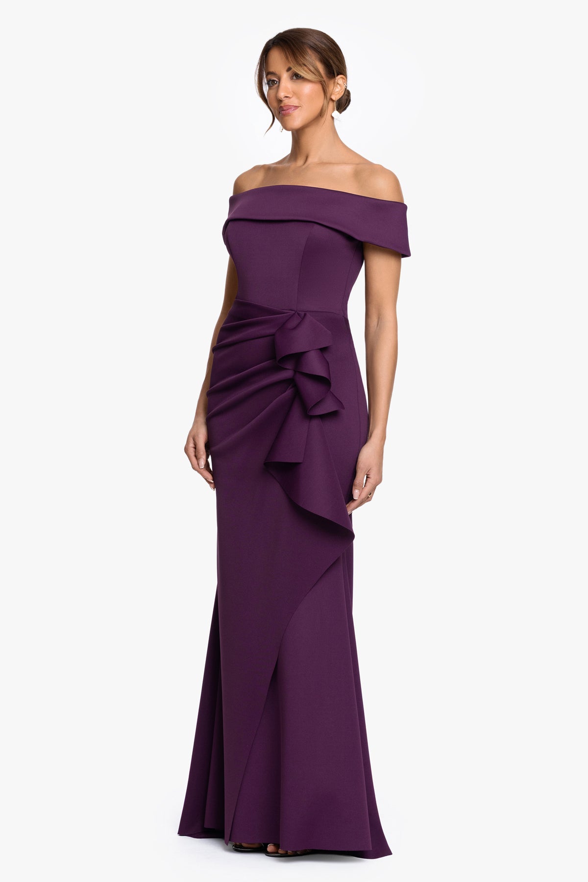"Rihanna" Scuba Crepe Off Shoulder Side Ruffle Dress