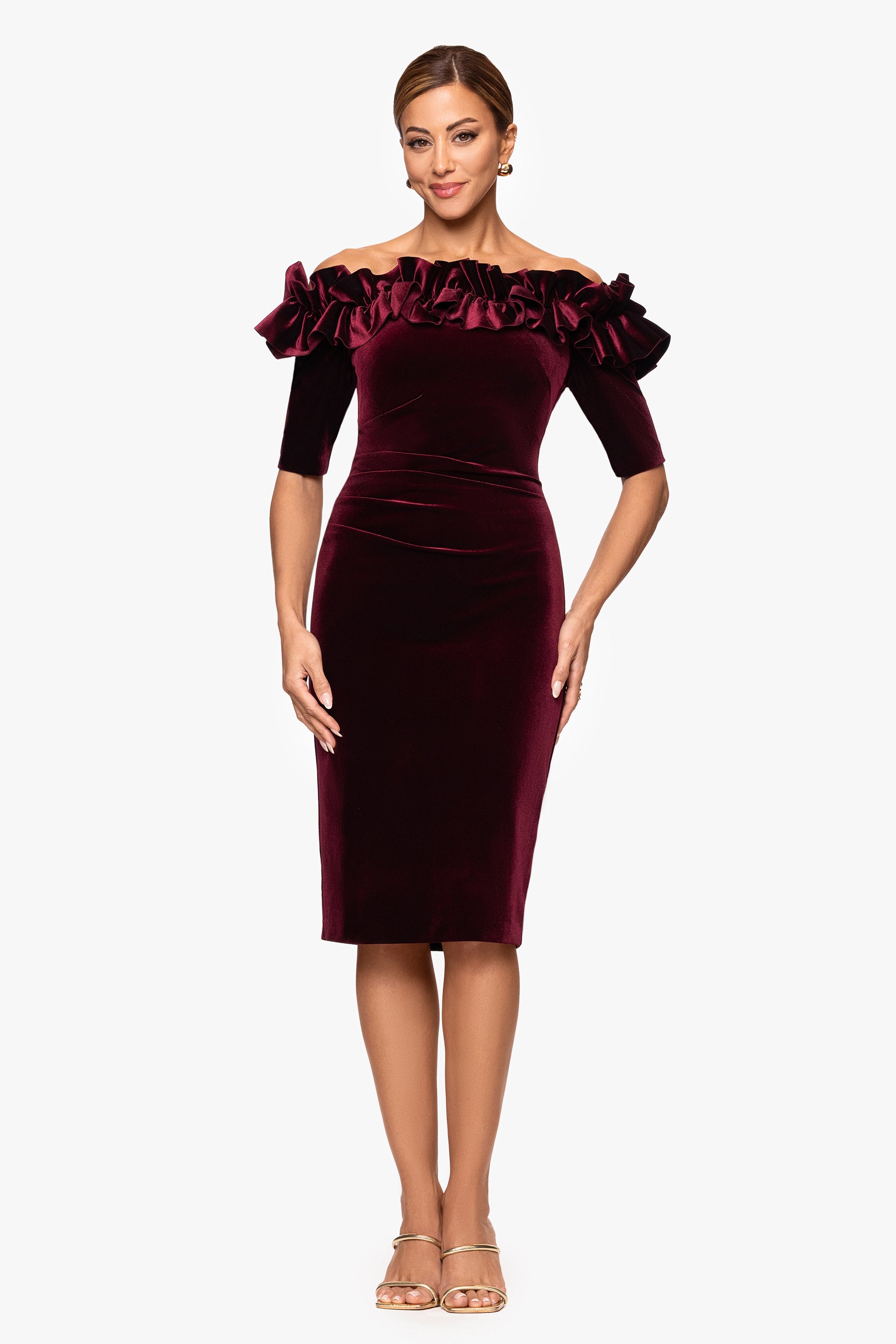 "Hayden" Velvet Off Shoulder 3 4 Sleeve Ruffle Dress