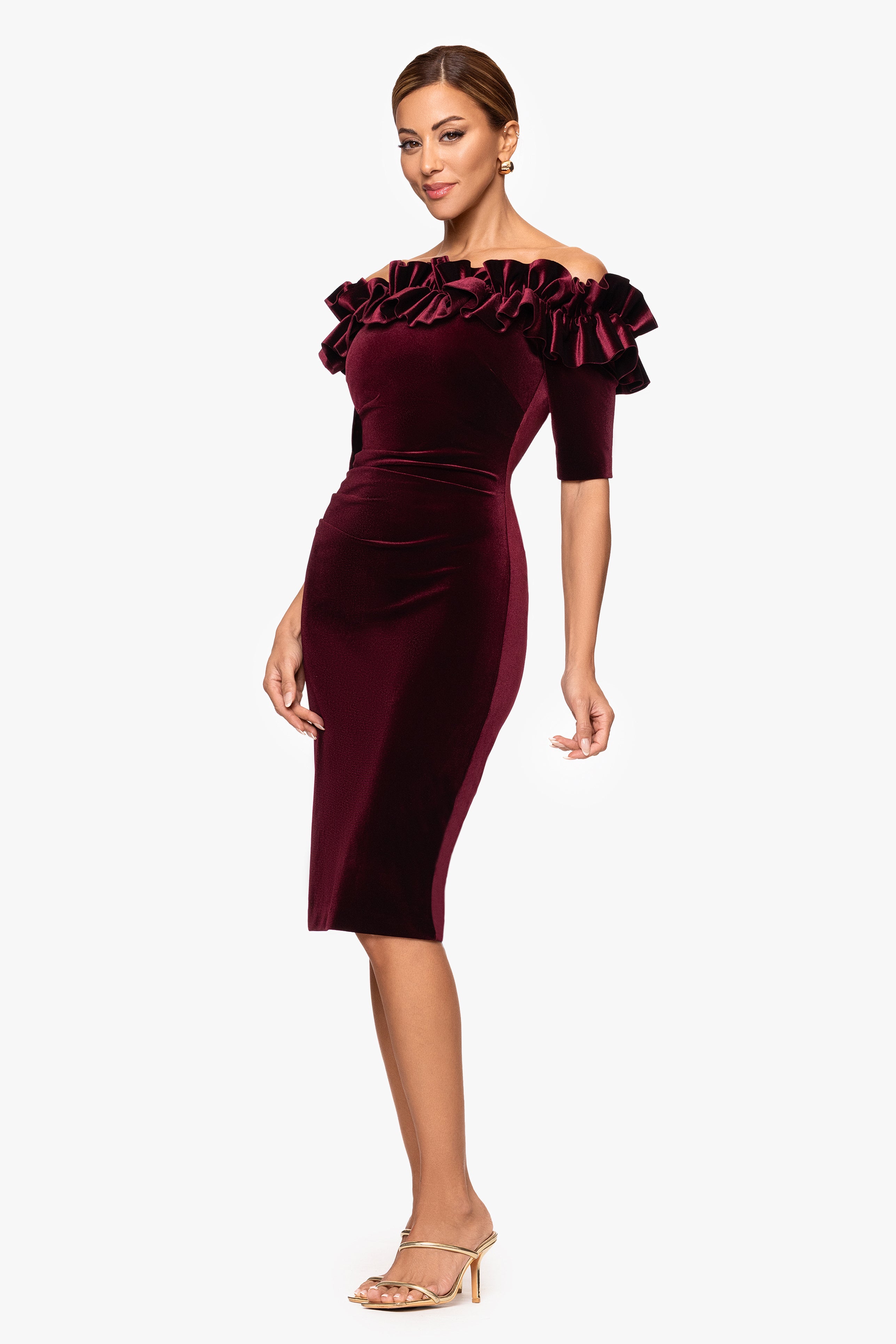 "Hayden" Short Velvet Off the Shoulder 3/4 Sleeve Ruffle Dress