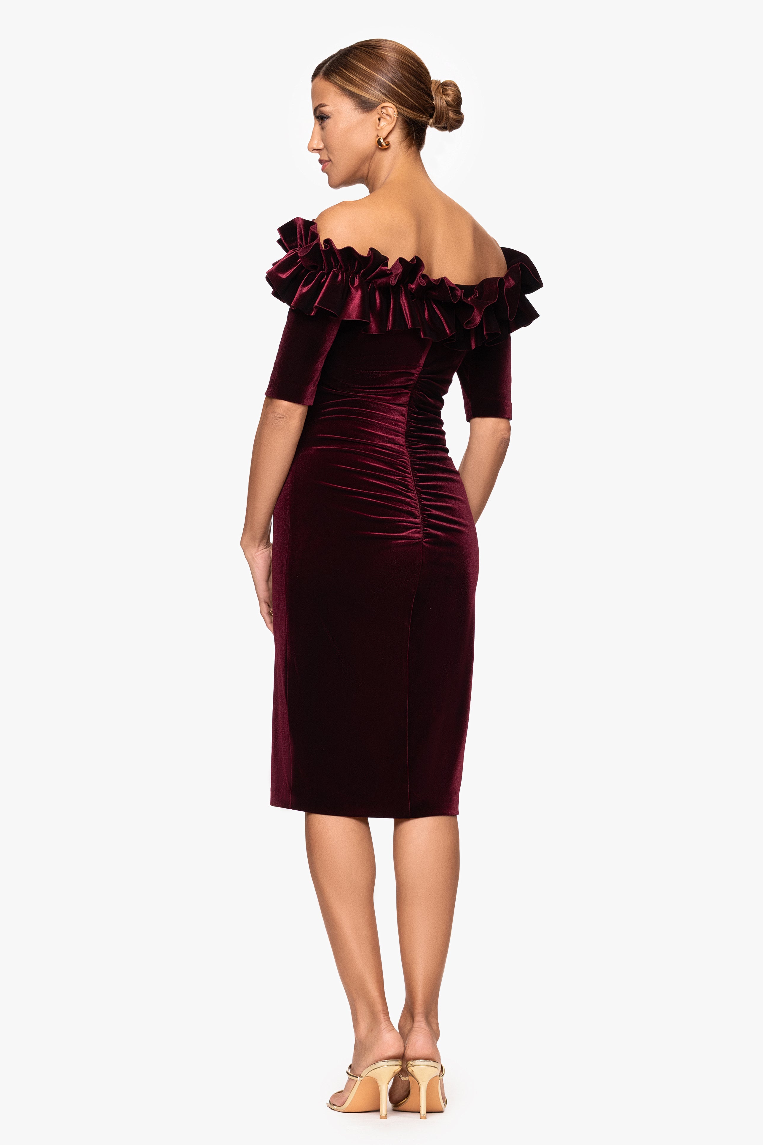 "Hayden" Short Velvet Off the Shoulder 3/4 Sleeve Ruffle Dress