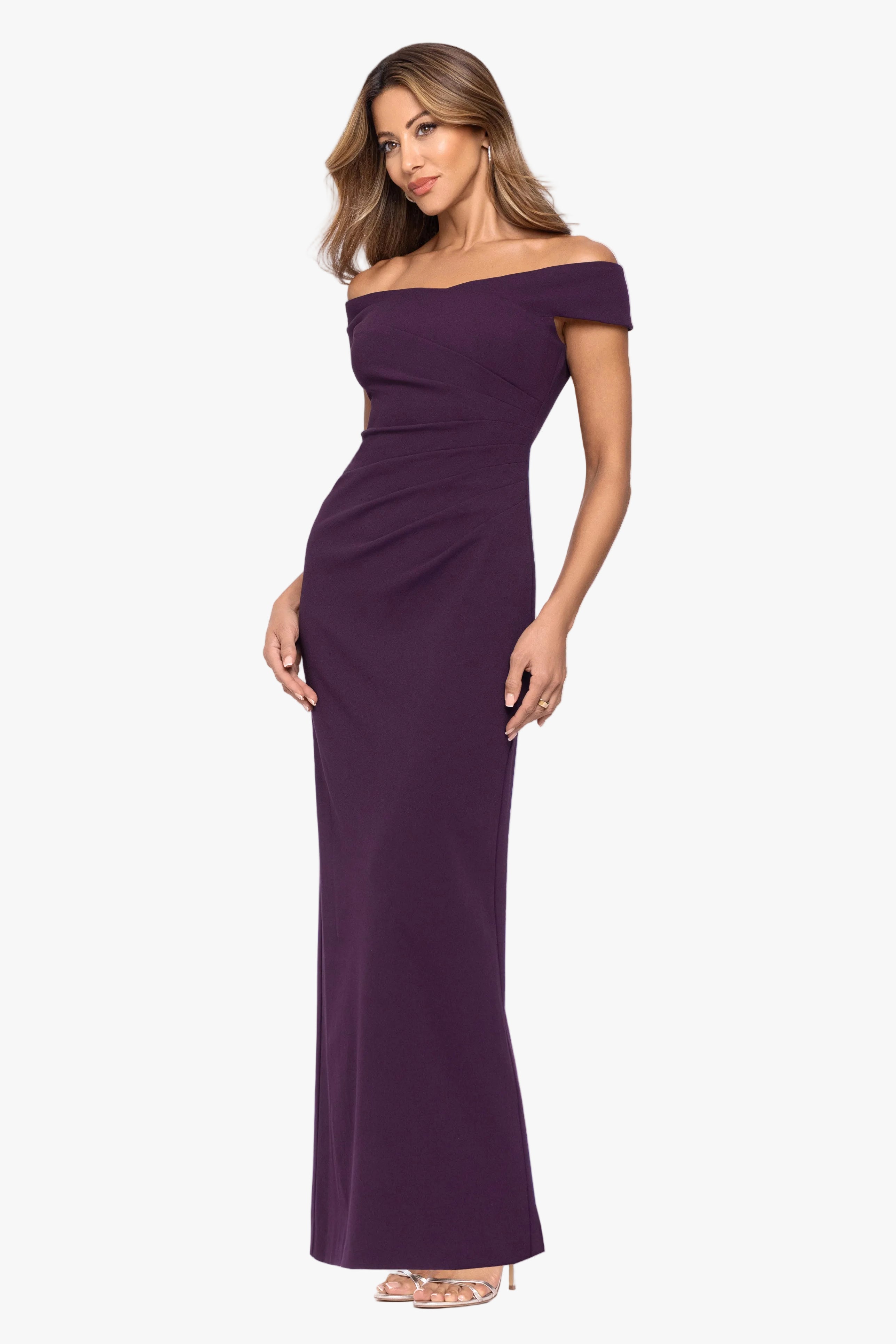 Petite "Ophelia" Scuba Crepe Off Shoulder Dress