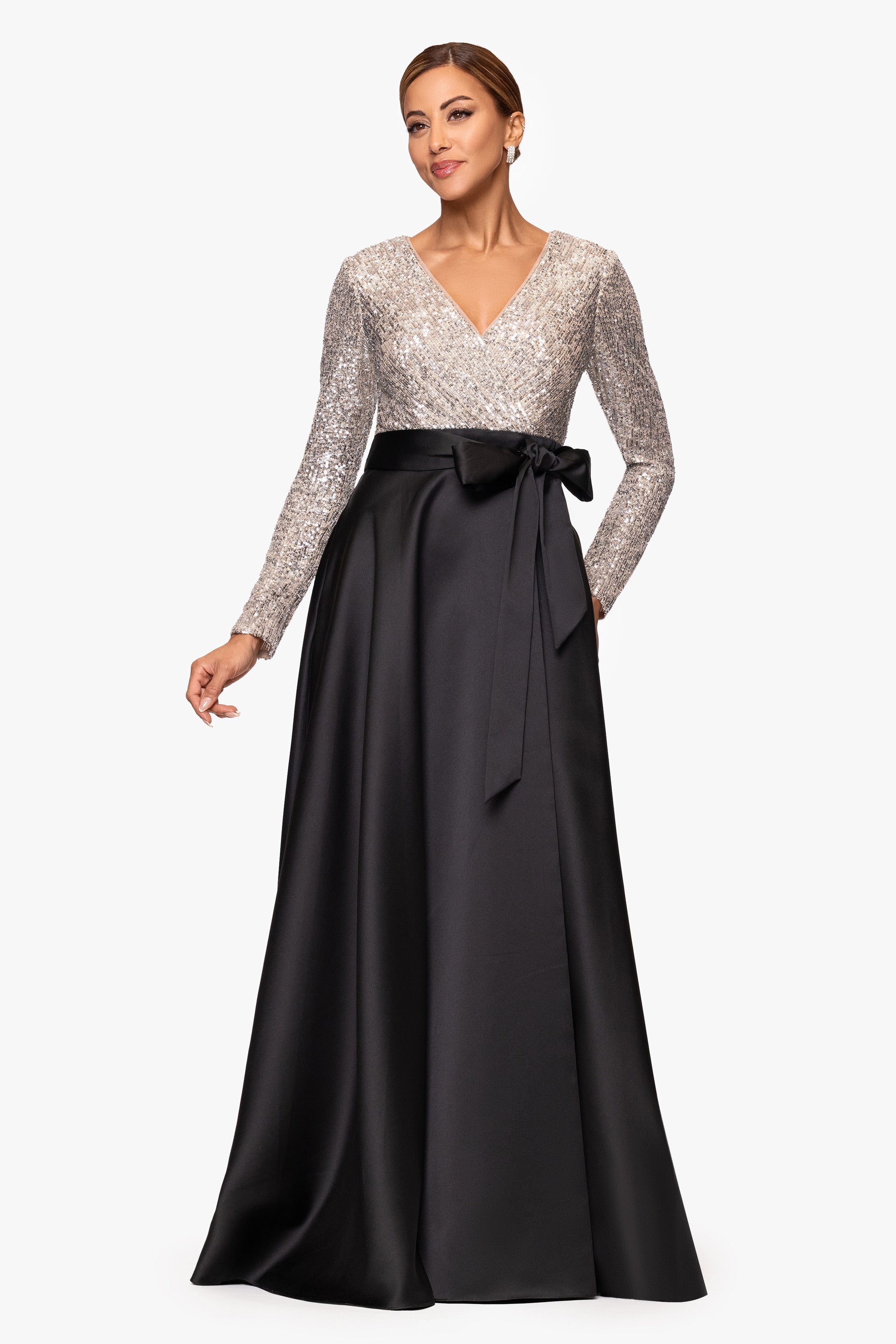 "Dixie" V Neck Long Sleeve Sequin Top Waistband Bow Gown