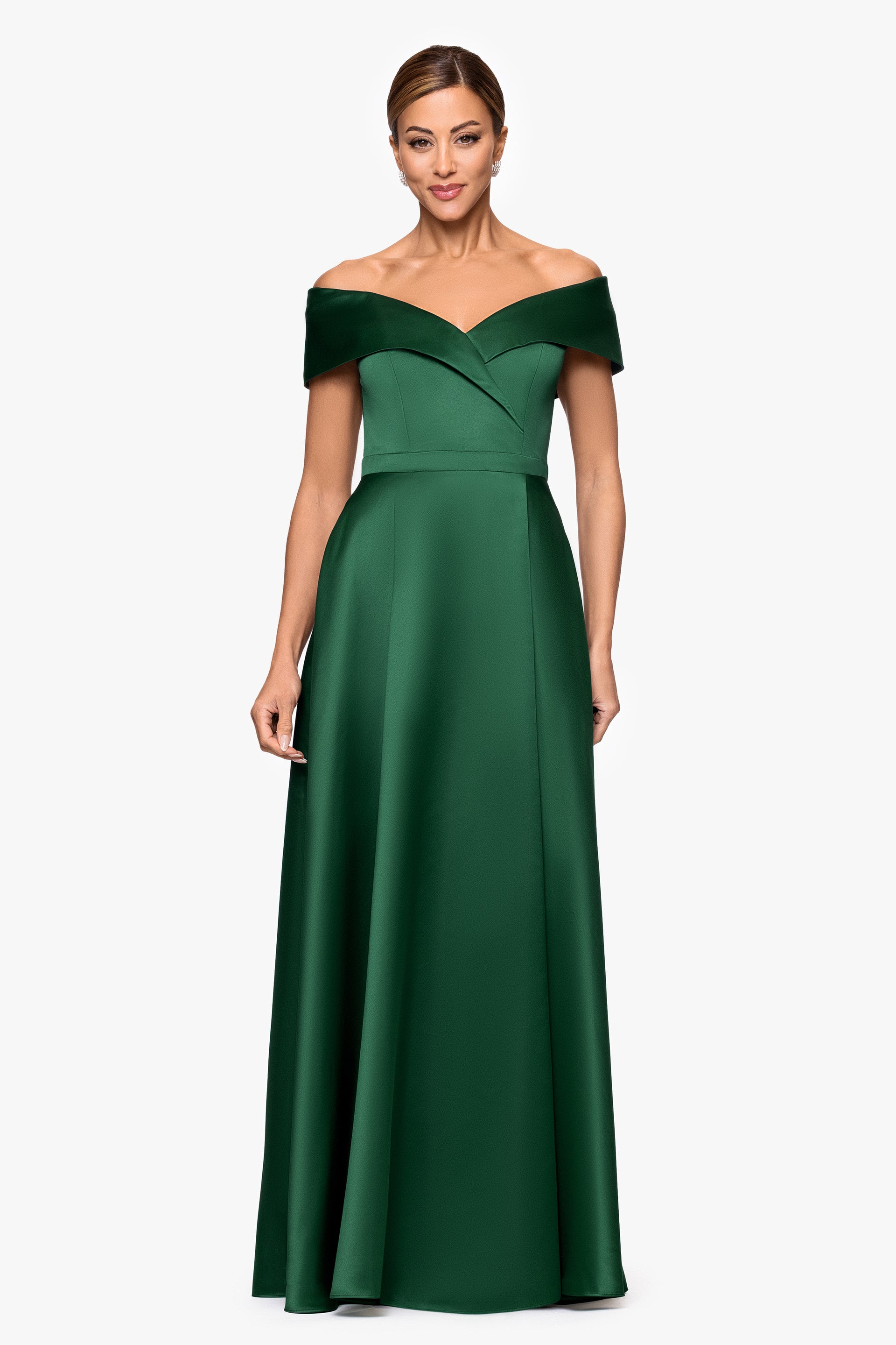 "Aria" Off Shoulder Satin Front Slit Dress