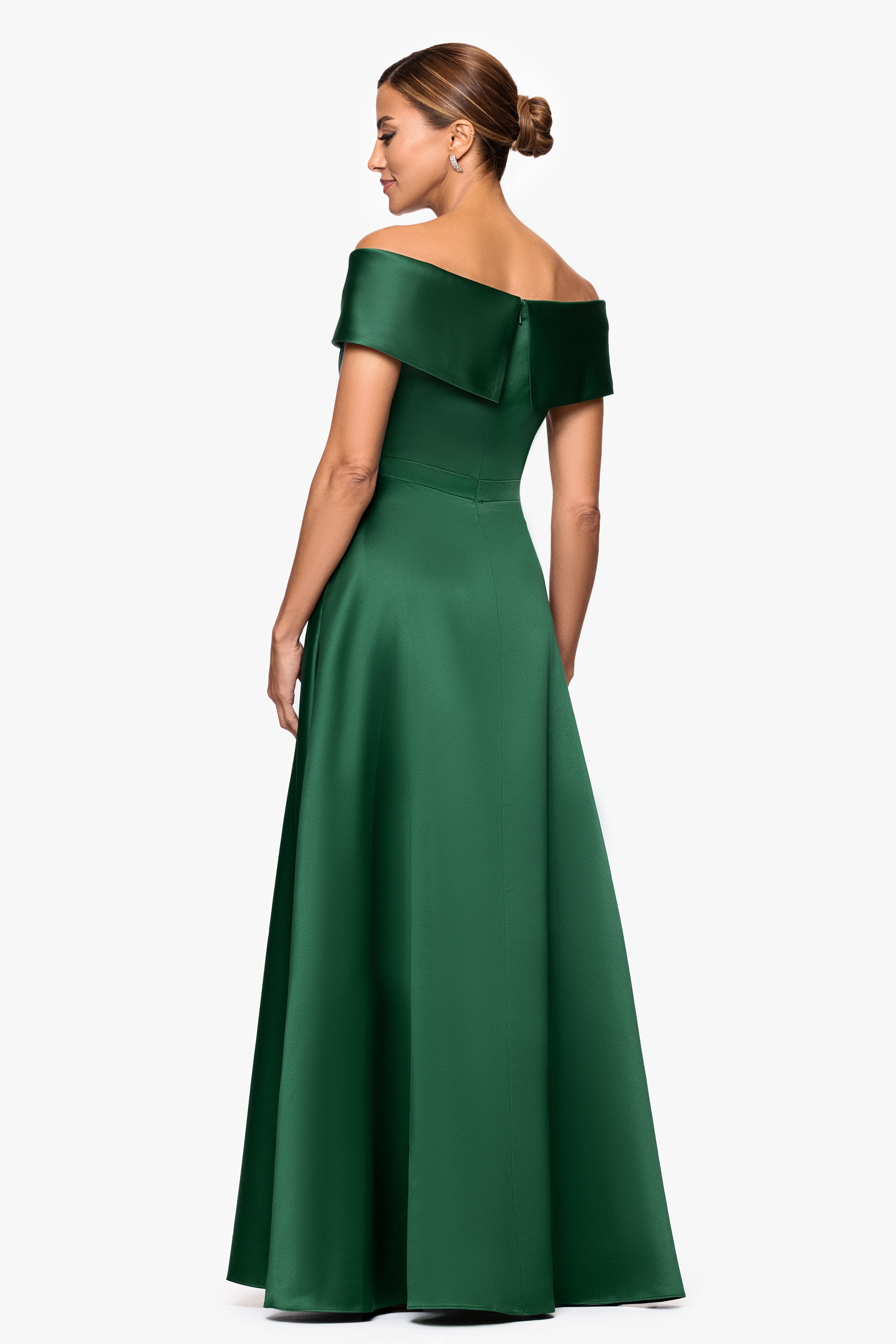 Aria" Off the Shoulder Long Satin Front Slit Dress Aria" Off the Shoulder Long Satin Front Slit Dress