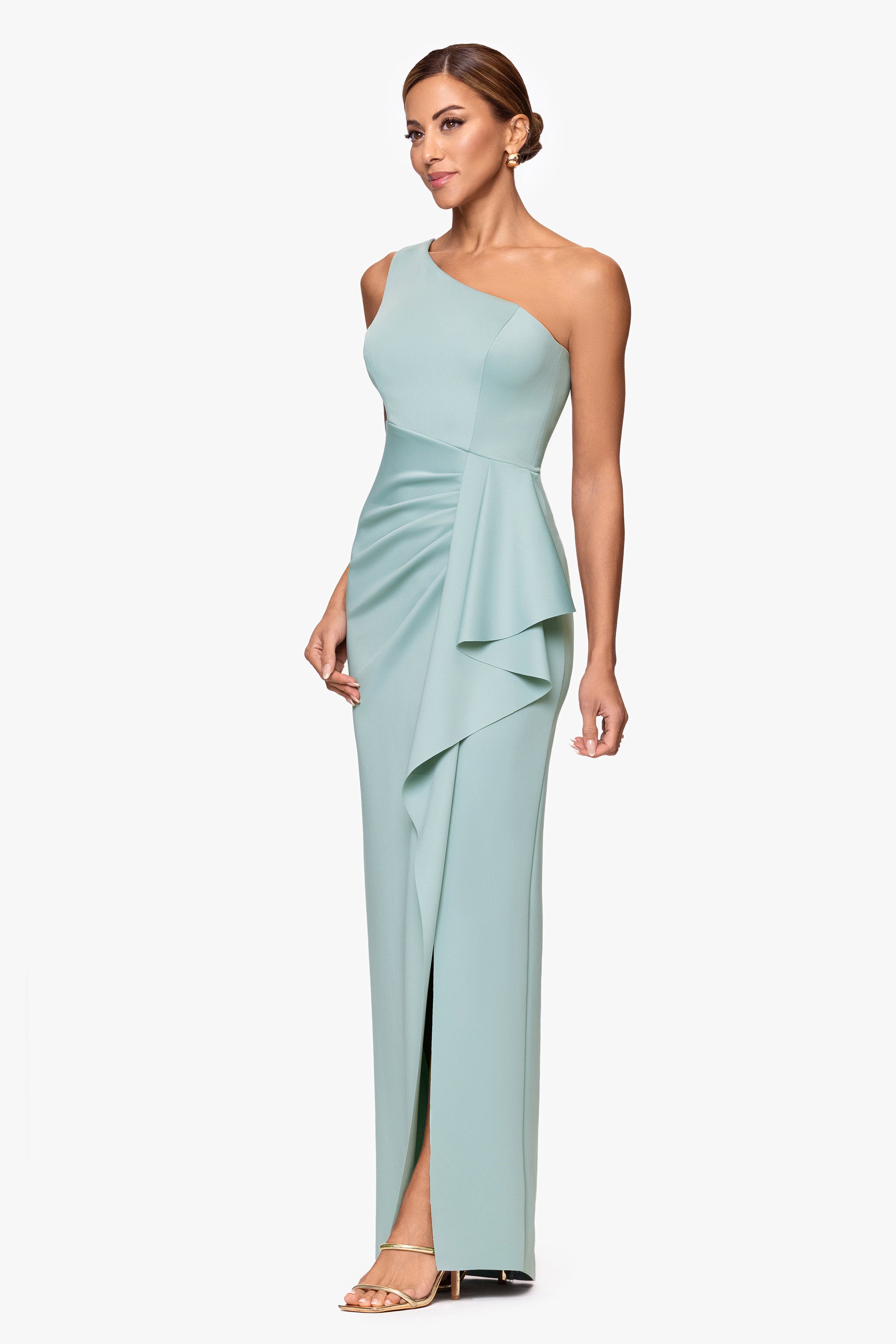 "Klaudia" Scuba Crepe One Shoulder Floor Length Dress