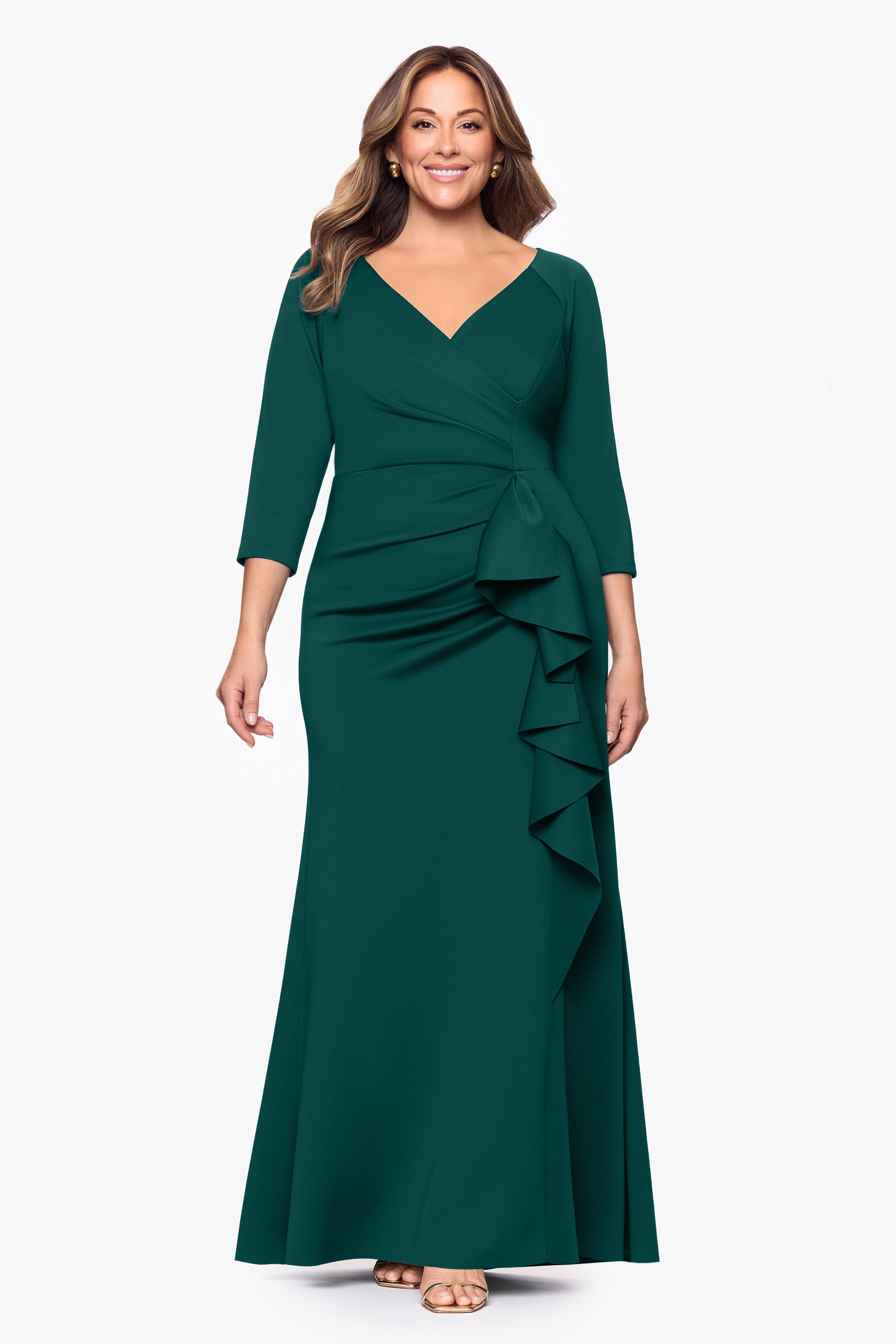 Plus "Debra" Scuba Crepe Long Sleeve Side Ruffle Dress