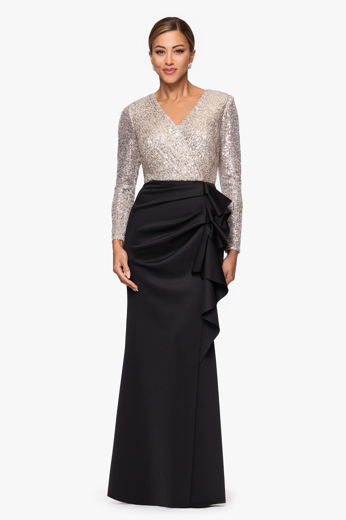 Petite "Tabitha" Sequin Top & Techno Scuba Skirt Long Sleeve Dress