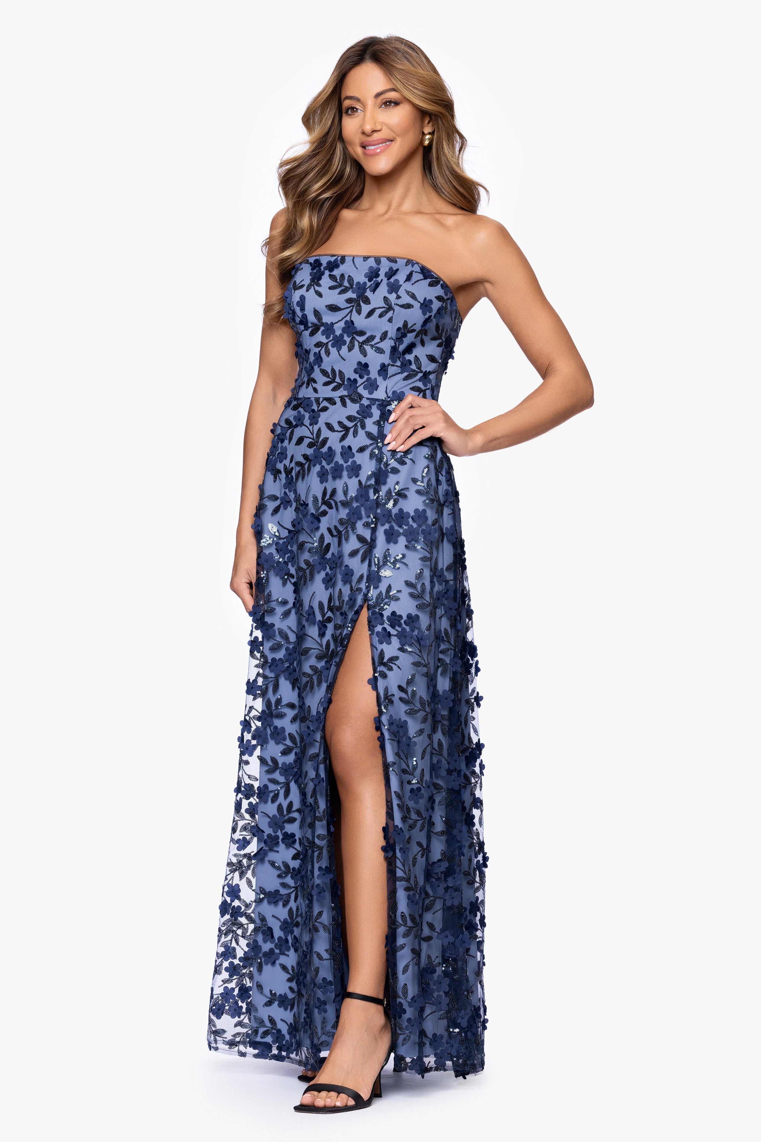 Lola" Sequin Flower Embellished Floor Length Dress | Xscape Evenings Lola" Sequin Flower Embellished Floor Length Dress | Xscape Evenings
