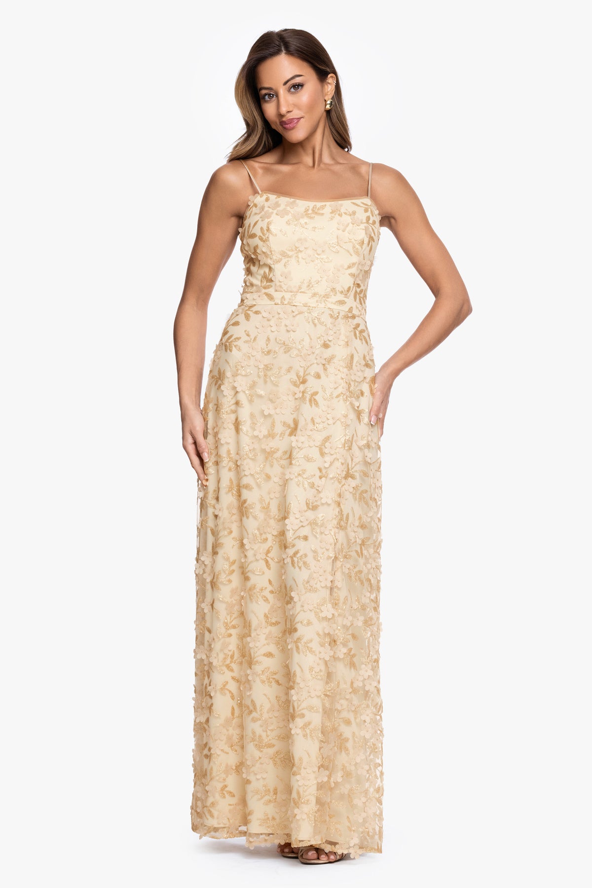 "Natalie" Flower Embellished Spaghetti Strap Gown