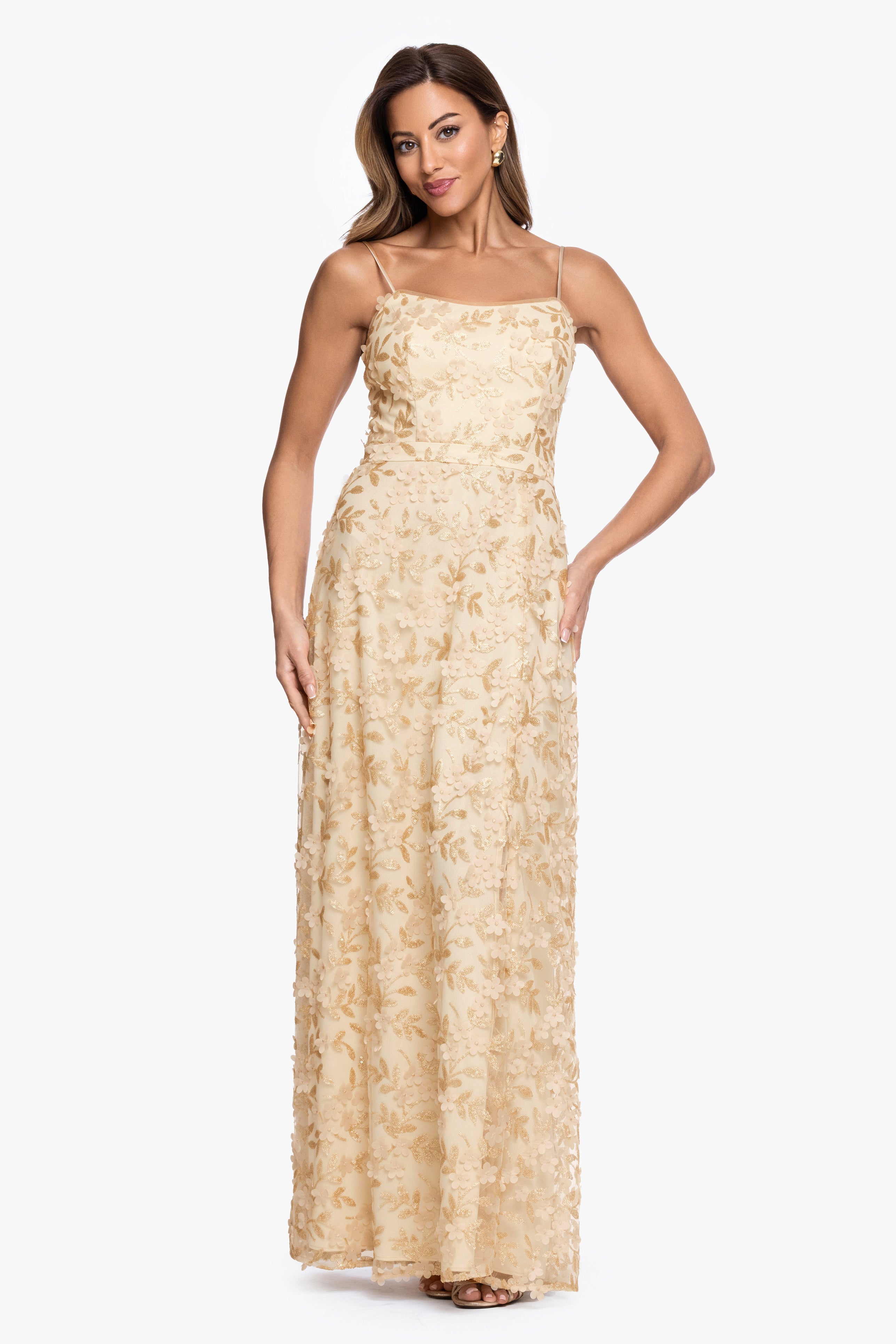 "Natalie" 3D Flower Embellished Spaghetti Strap Long Gown