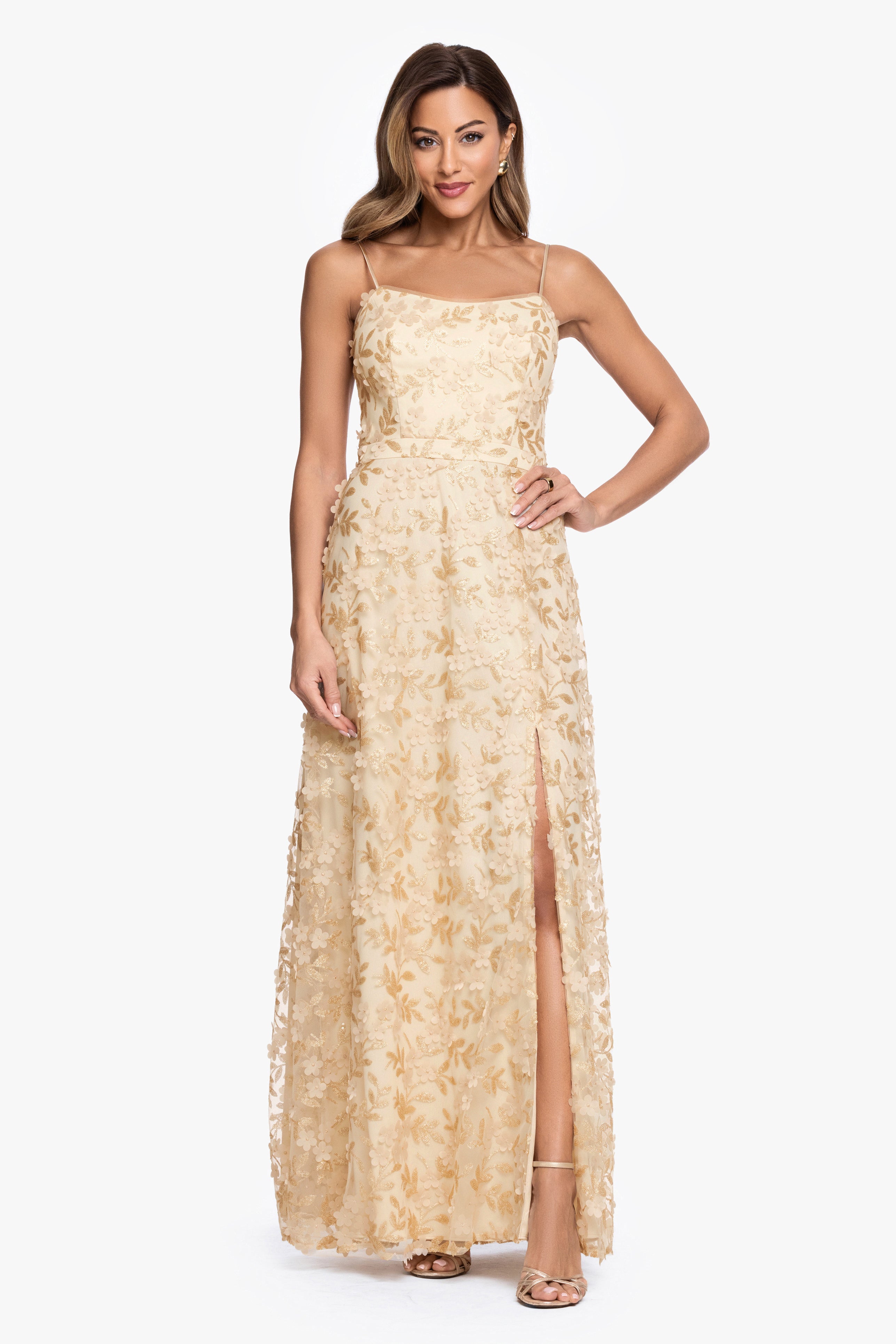 "Natalie" 3D Flower Embellished Spaghetti Strap Long Gown