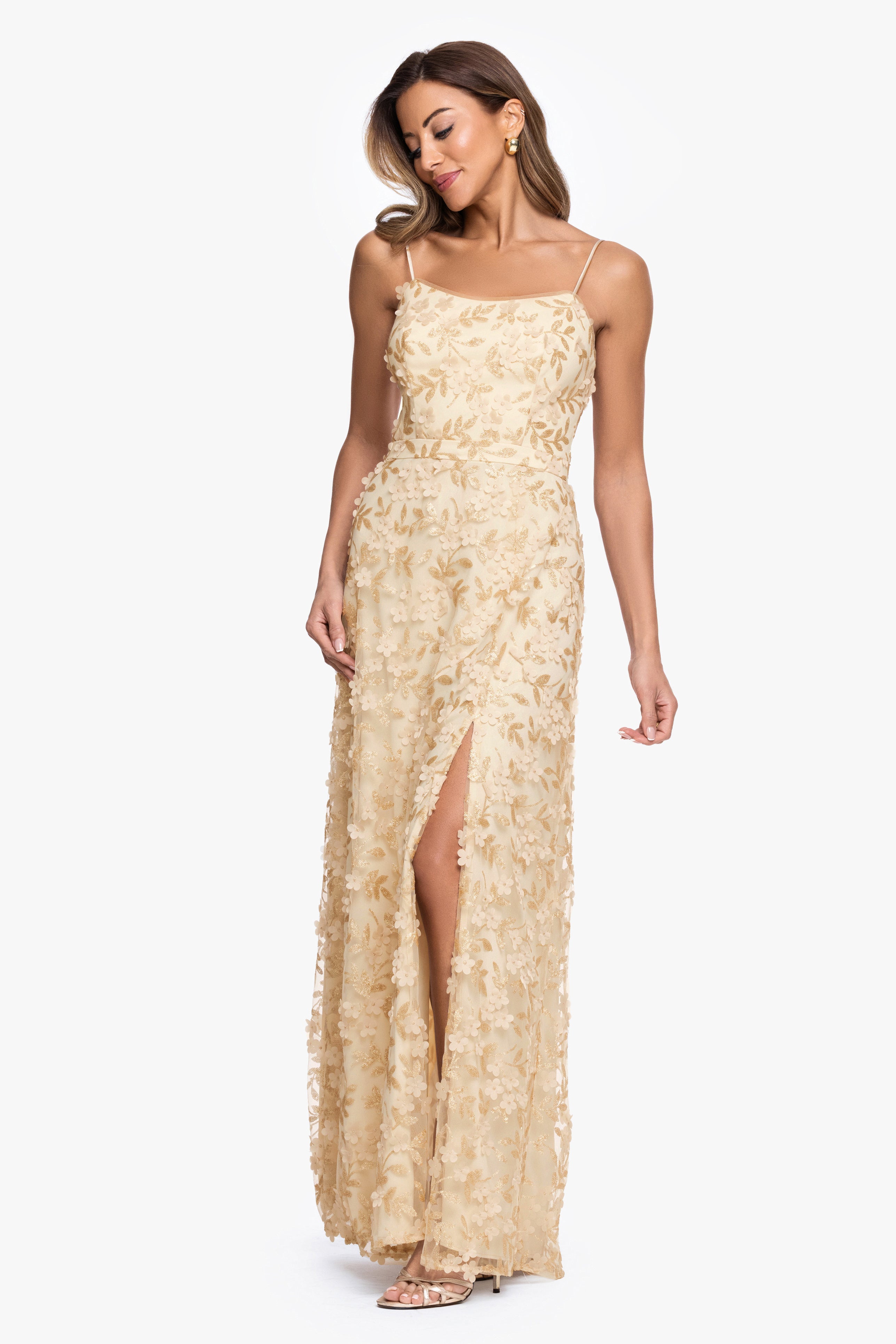"Natalie" 3D Flower Embellished Spaghetti Strap Long Gown