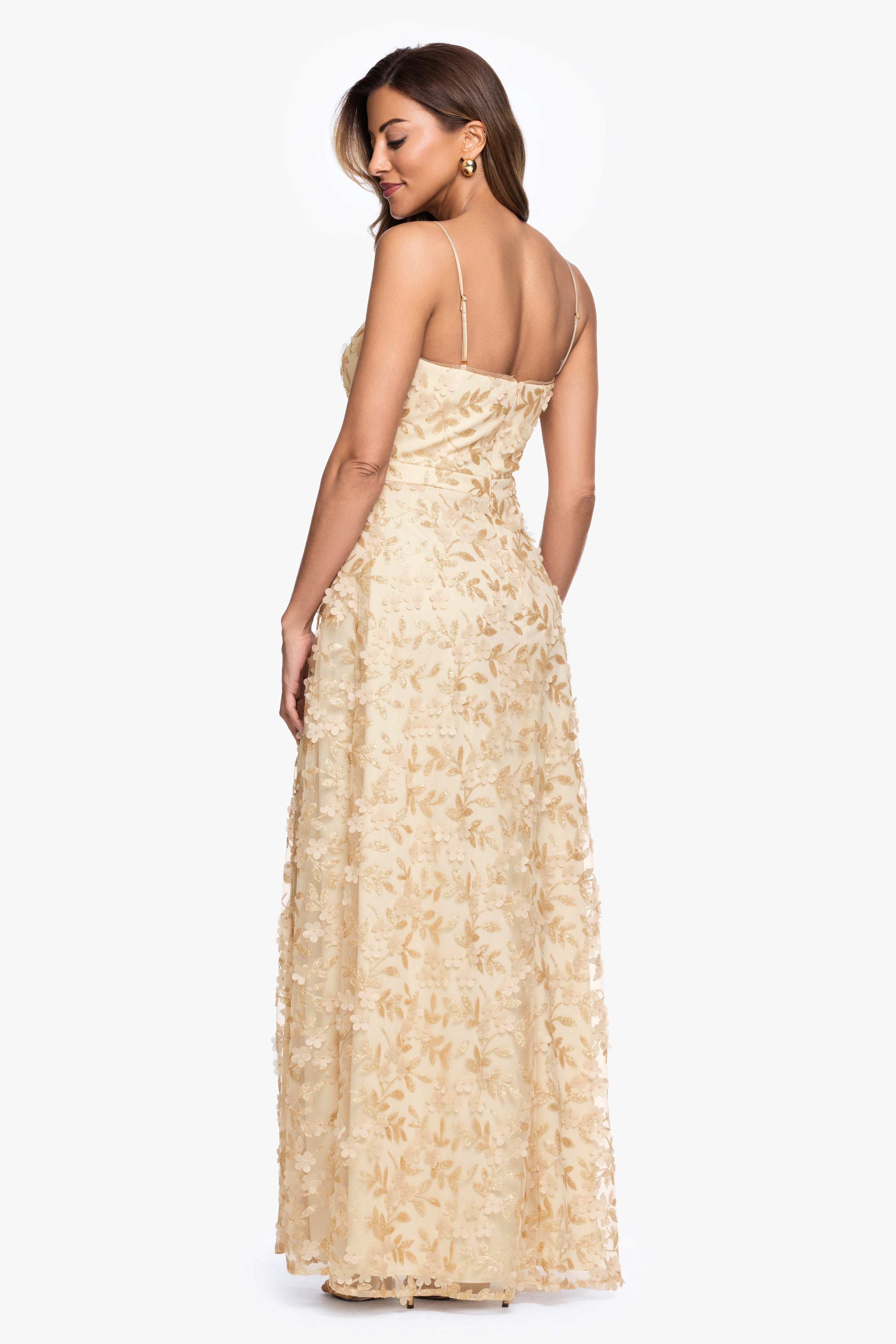"Natalie" 3D Flower Embellished Spaghetti Strap Long Gown